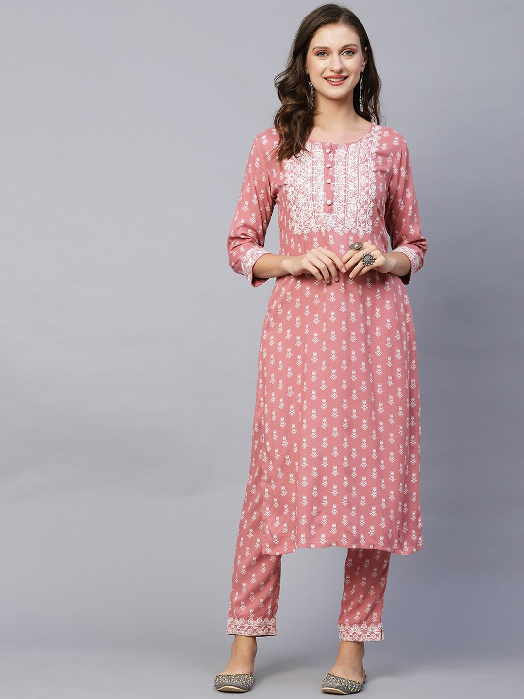

FASHOR Printed Thread Work Kurta with Trousers, Coral