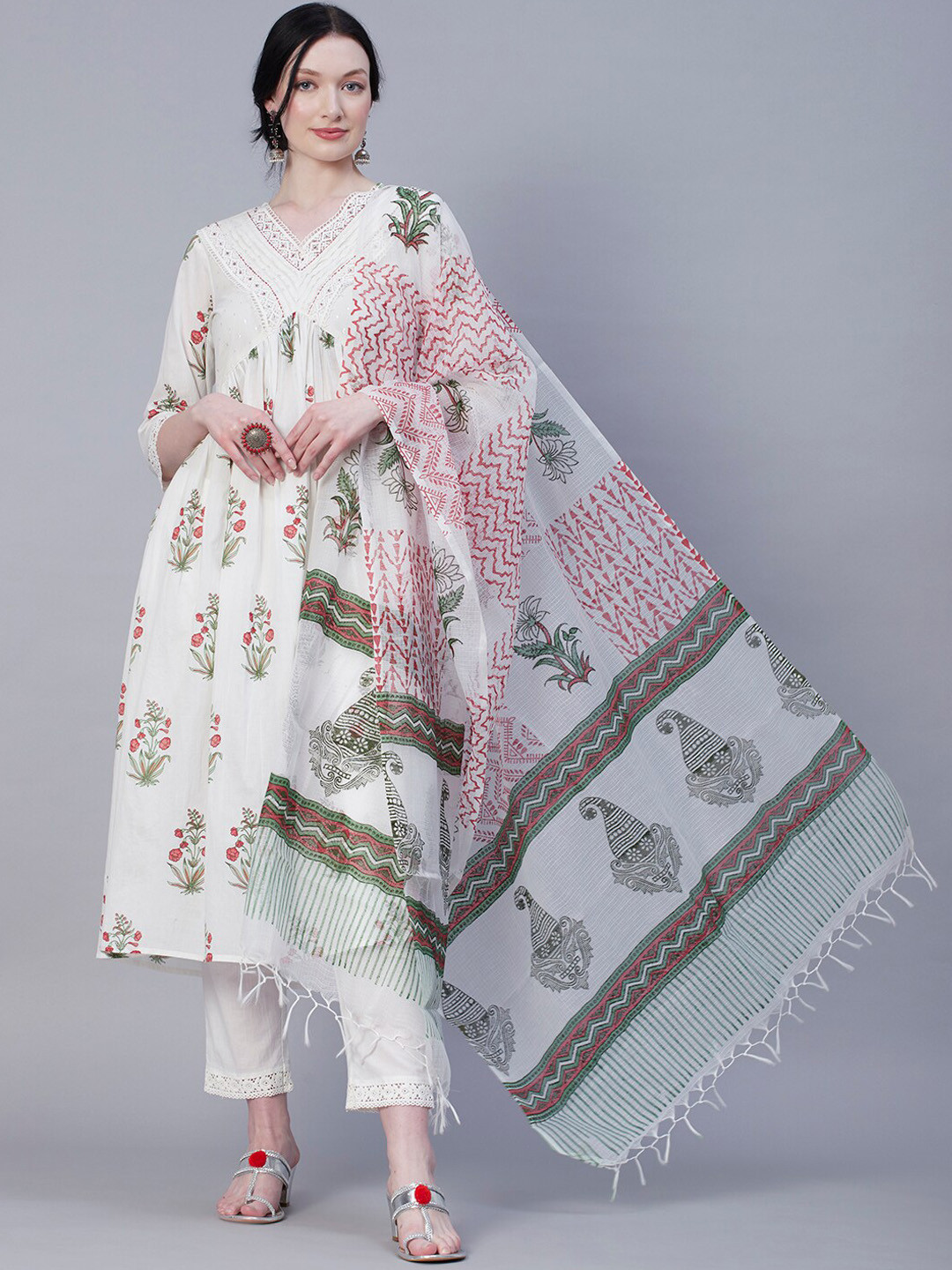 

FASHOR White Ethnic Motifs Block Printed Pure Cotton A-Line Kurta & Trousers With Dupatta