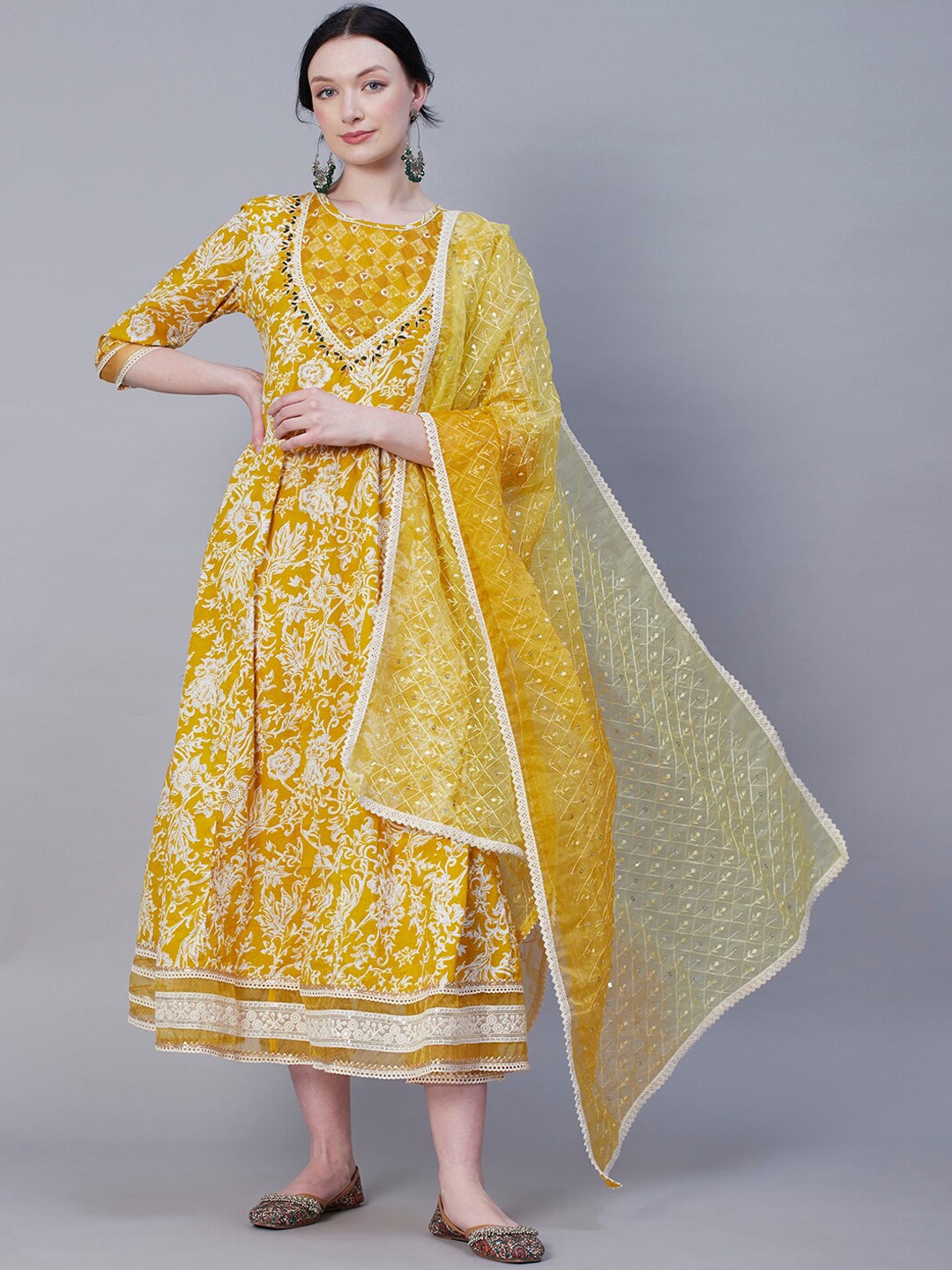 

FASHOR Mustard Yellow Floral Printed Thread Work Pure Cotton Kurta & Trousers With Dupatta