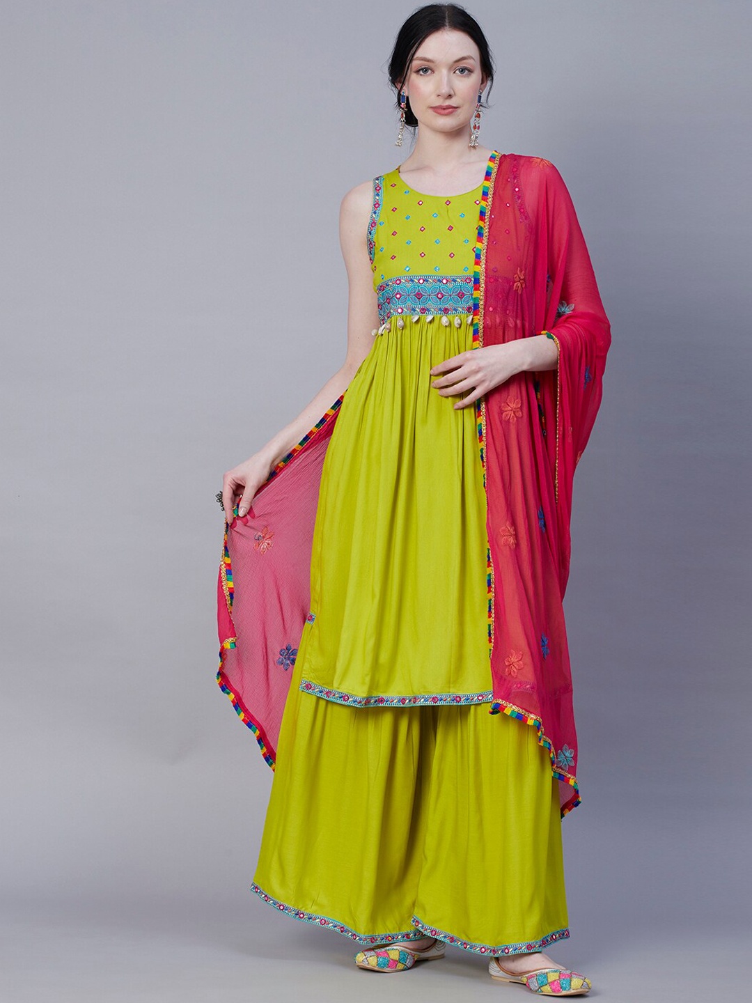 

FASHOR Lime Green Embroidered Pleated Mirror Work Kurta & Sharara With Dupatta
