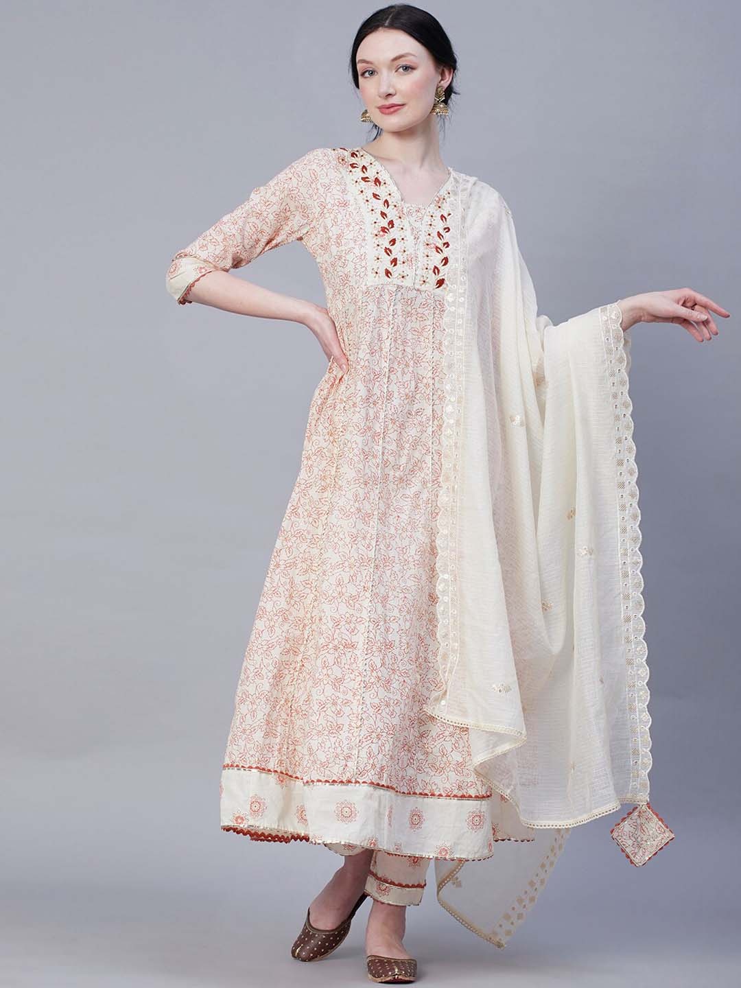 

FASHOR Ethnic Motif Printed Yoke Designed Kurta with Trousers & Dupatta, Off white
