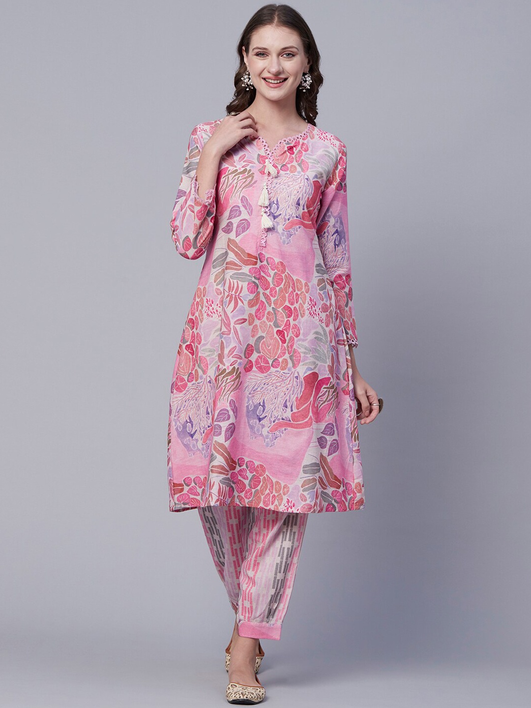 

FASHOR Pink Floral Printed Pure Cotton Kurta with Harem Pants