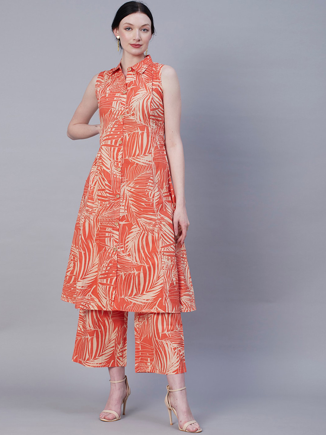 

FASHOR Orange Tropical Printed Panelled Pure Cotton A-Line Kurta with Palazzos