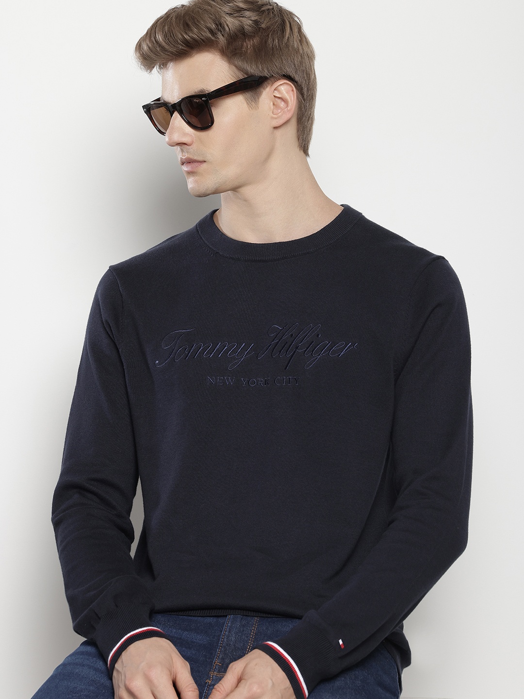 

Tommy Hilfiger Pure Cotton Brand Logo Embroidered Pullover Sweaters, Navy blue