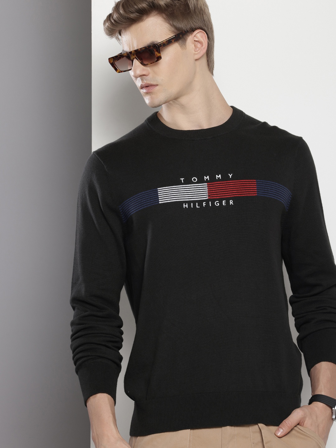 

Tommy Hilfiger Pure Cotton Self Striped Embroidered Pullover Sweaters, Black