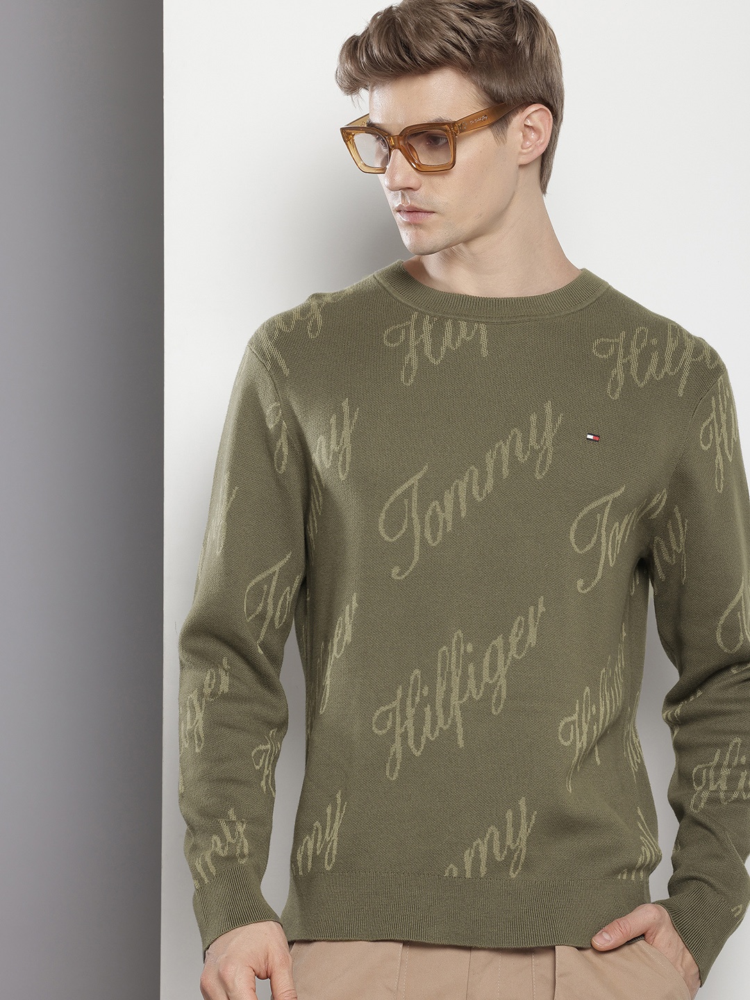 

Tommy Hilfiger Relaxed Fit Brand Logo Self Design Pullover Sweaters, Olive
