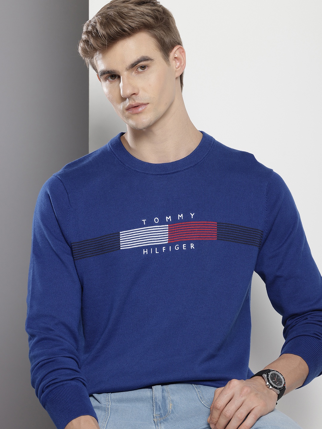 

Tommy Hilfiger Pure Cotton Self Striped Embroidered Pullover Sweaters, Blue