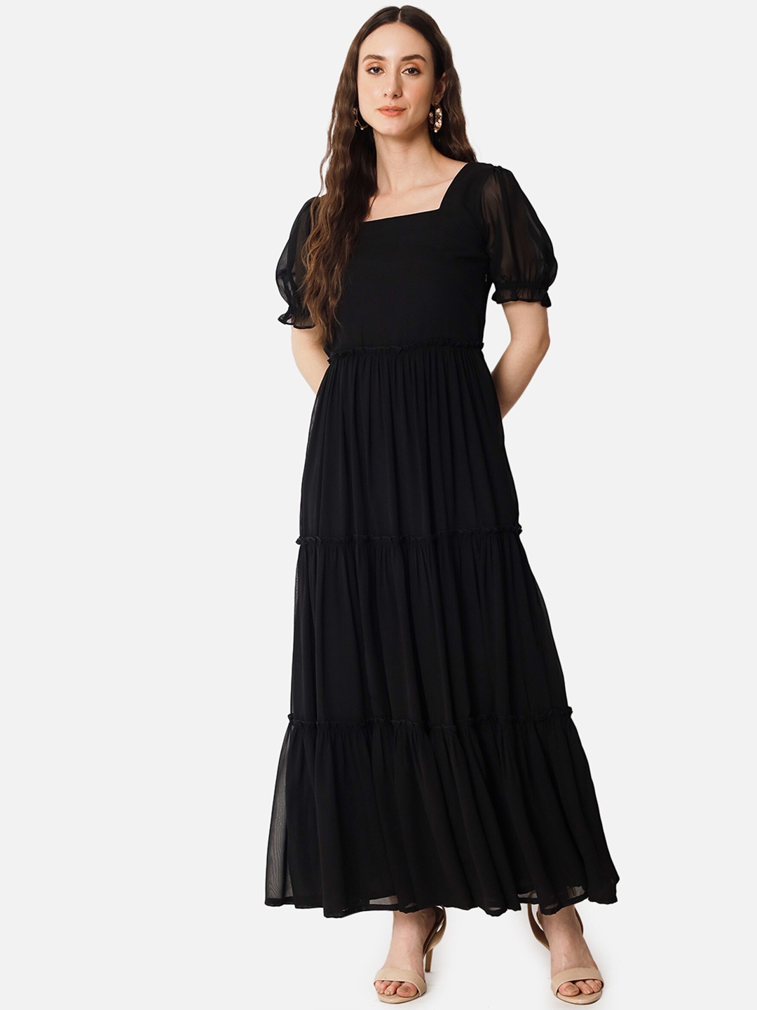 

Femvy Square neck Puff Sleeve Tiered Maxi Dress, Black