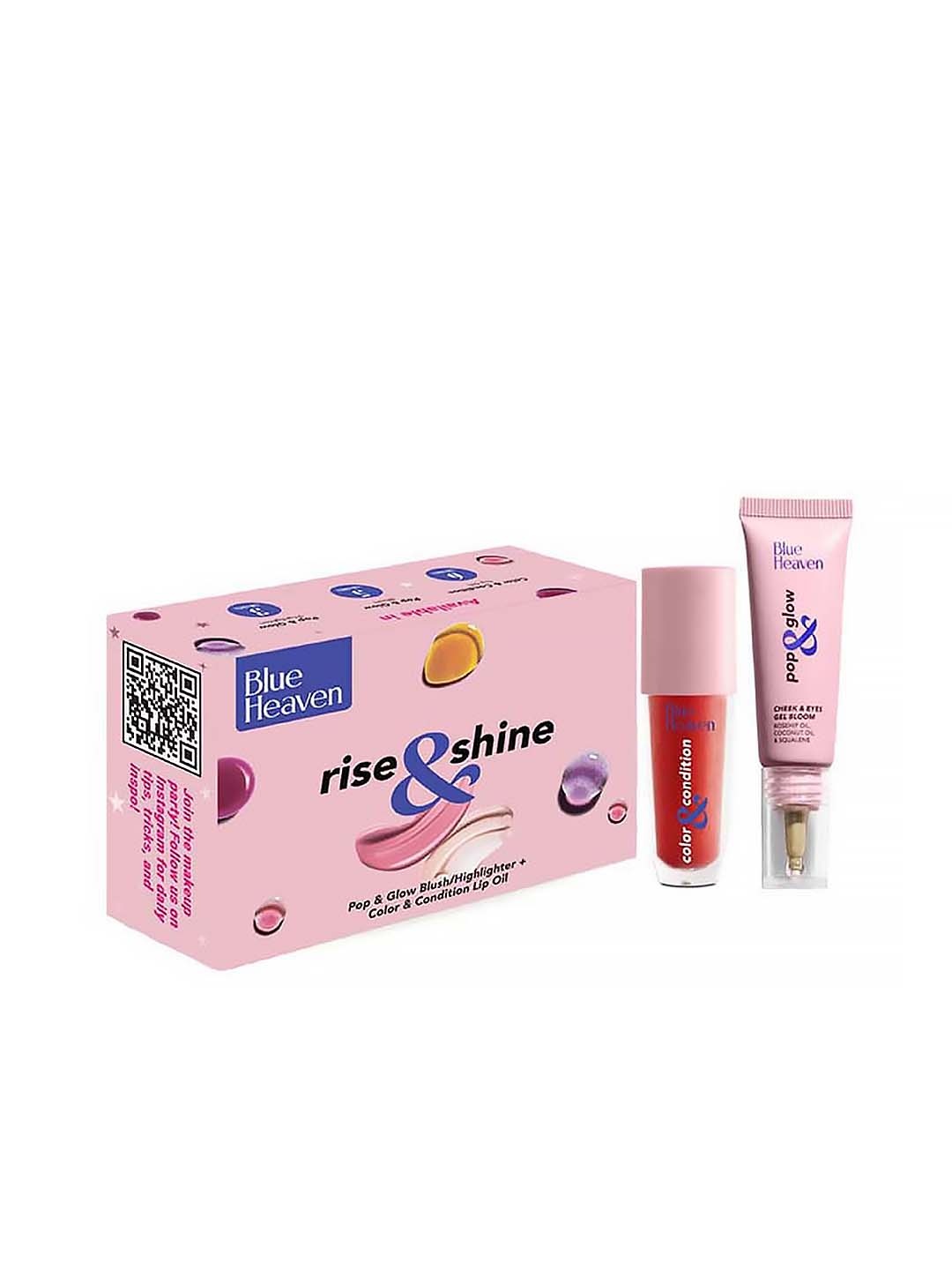 

Blue Heaven Rise & Shine Makeup Set-Pop & Glow Blush Highlighter+Color & Condition Lip Oil, Red