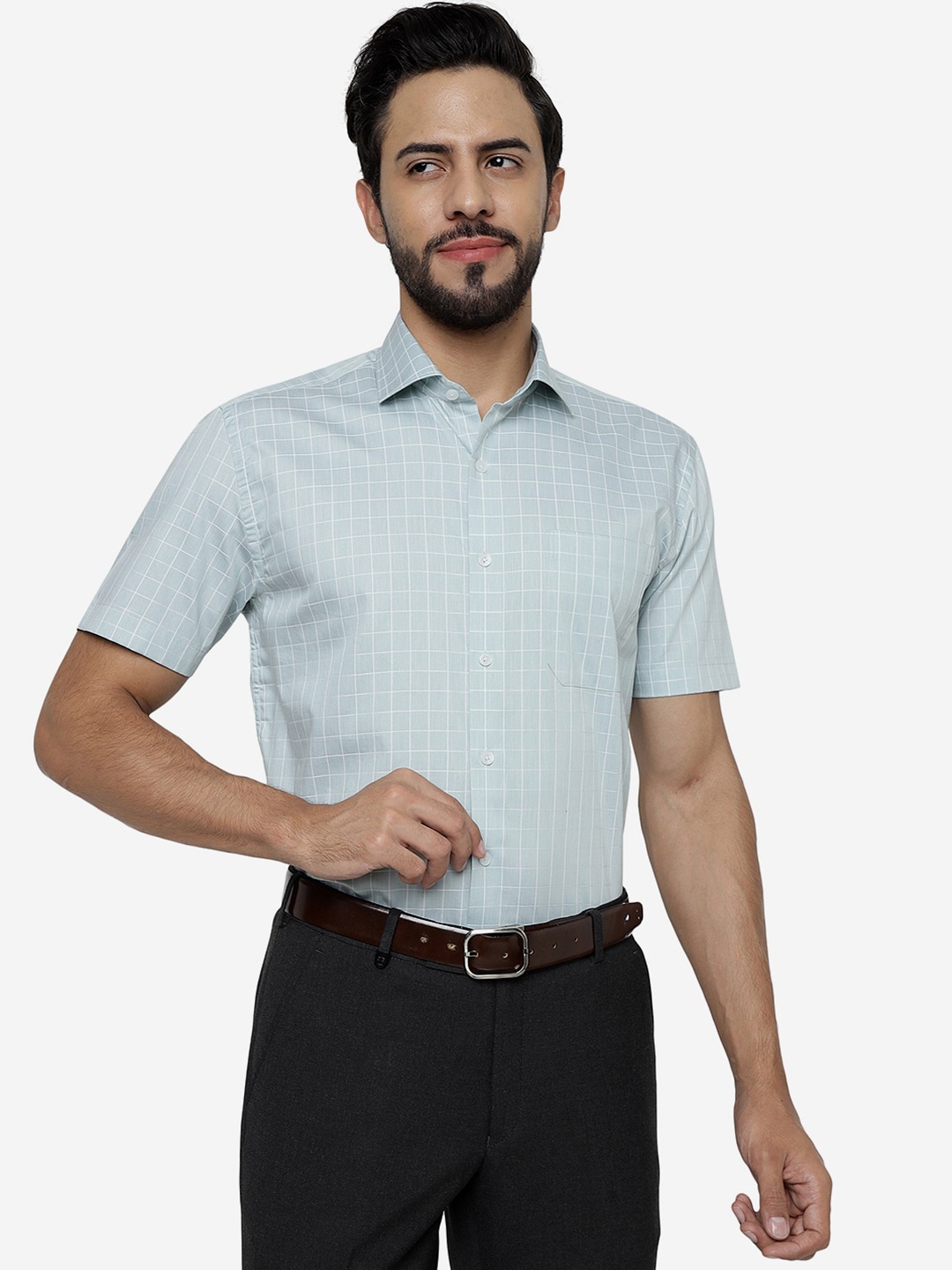 

JADE BLUE Grid Tattersall Checked Pure Cotton Formal Shirt, Green