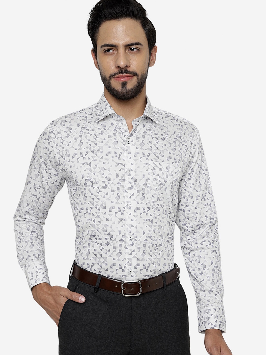 

JADE BLUE Geometric Printed Pure Cotton Formal Shirt, White