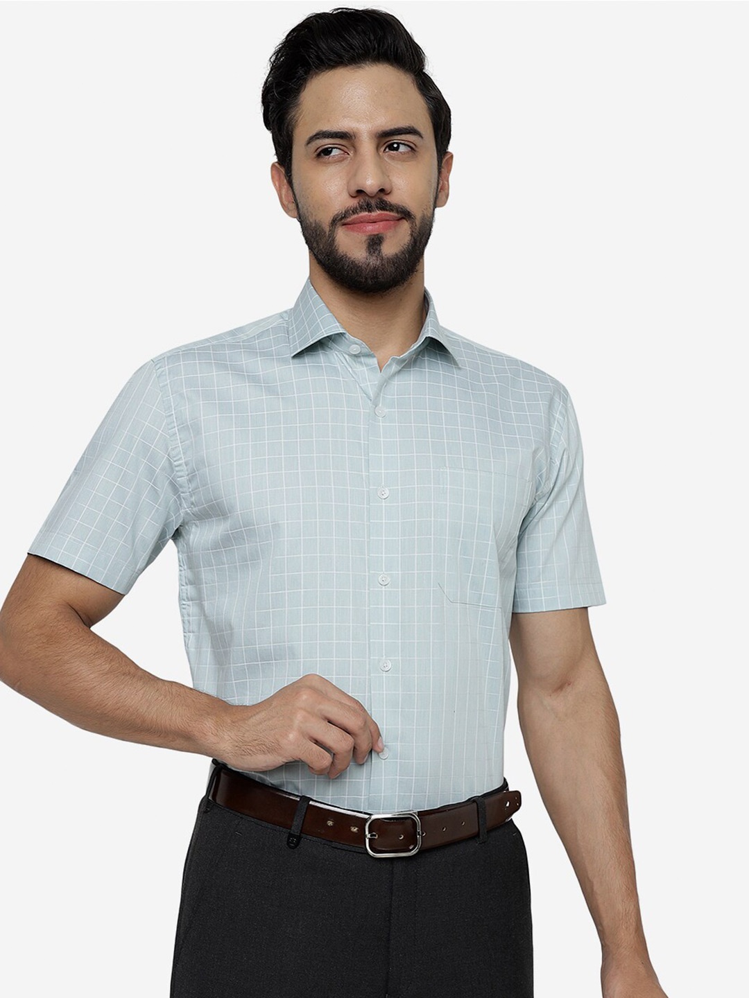 

JADE BLUE Grid Tattersall Checked Pure Cotton Formal Shirt, Green