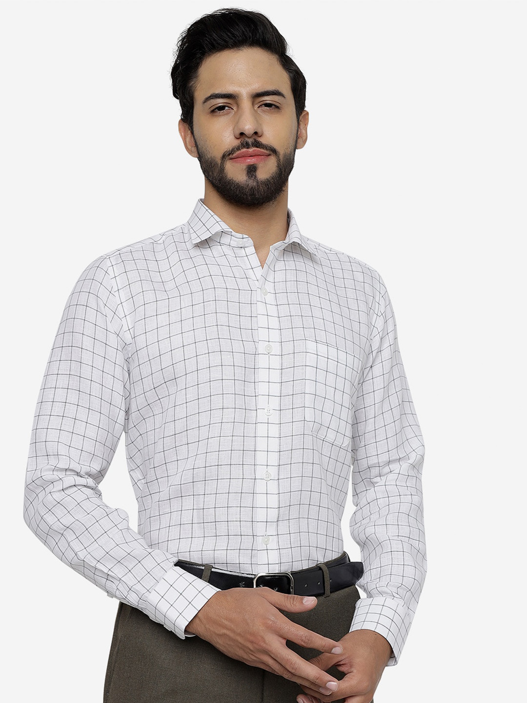 

JADE BLUE Grid Tattersall Checked Pure Linen Formal Shirt, White