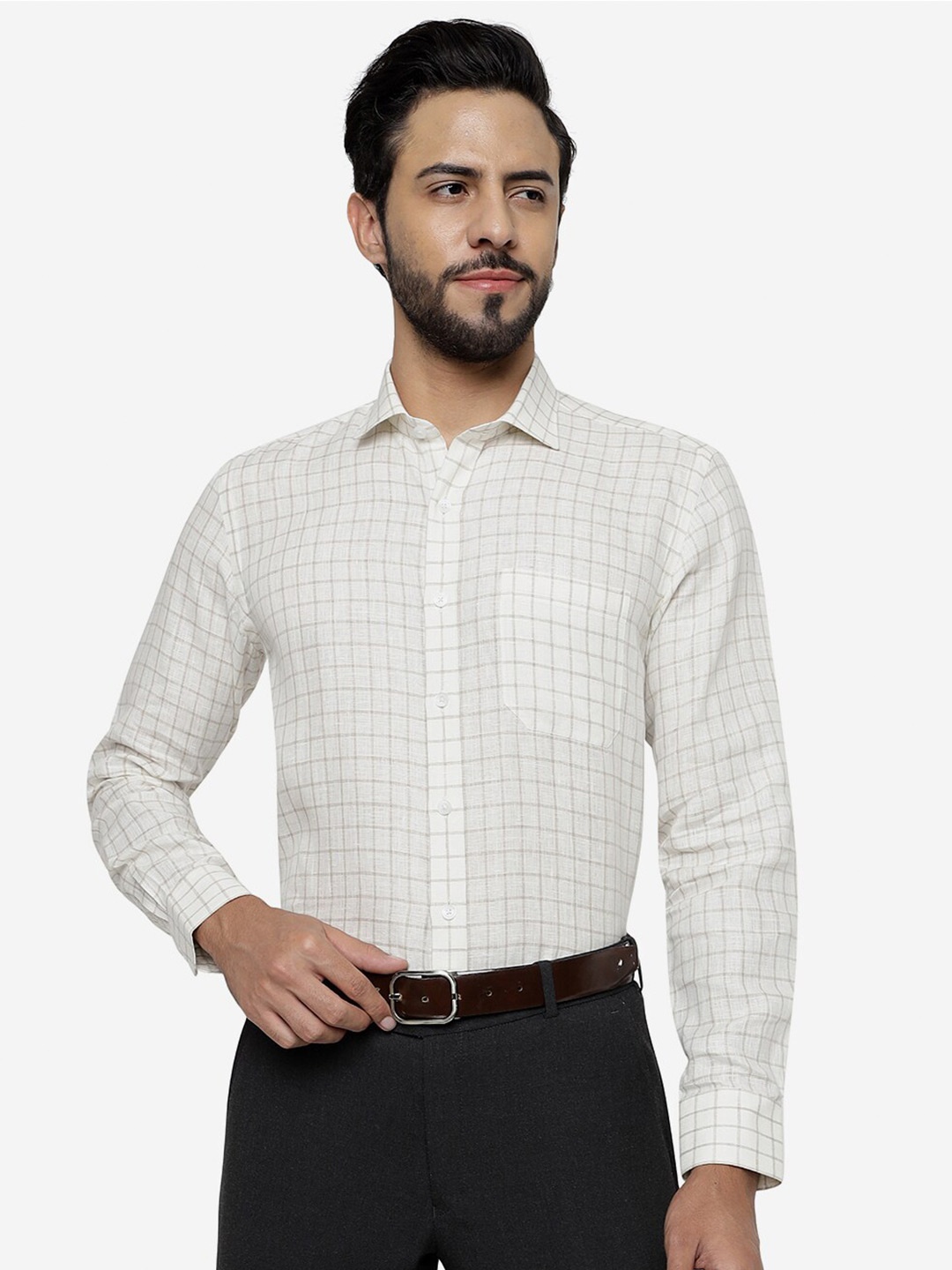 

JADE BLUE Grid Tattersall Checked Pure Linen Formal Shirt, Cream