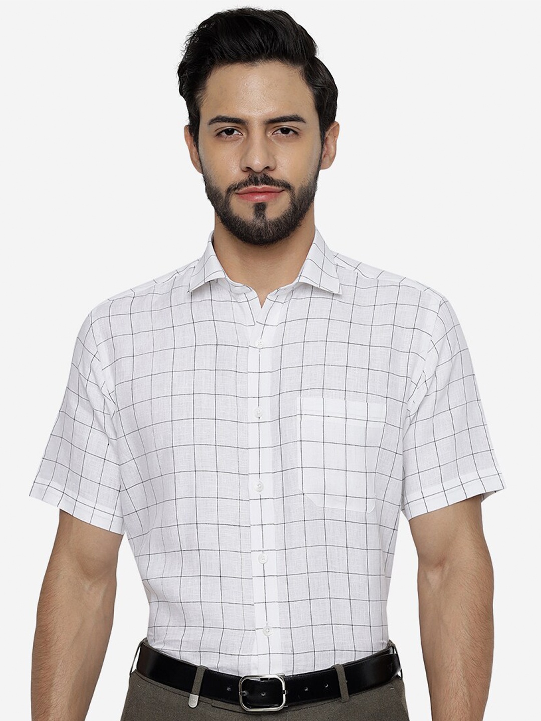 

JADE BLUE Checked Pure Linen Formal Shirt, White