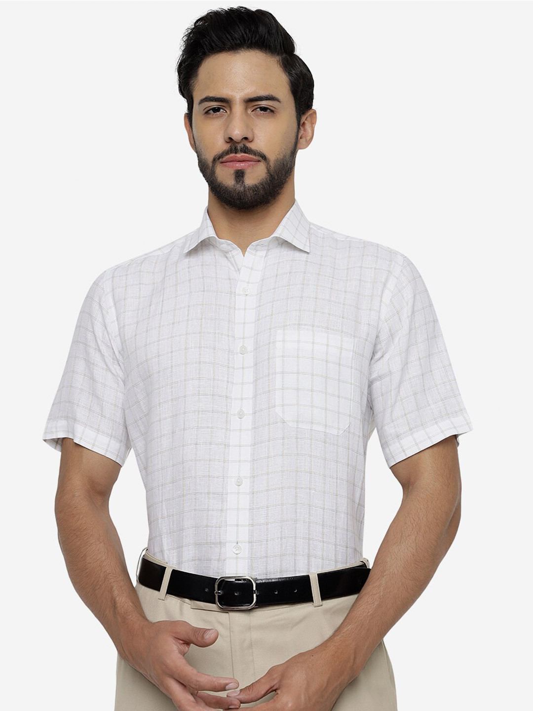 

JADE BLUE Checked Pure Linen Formal Shirt, White
