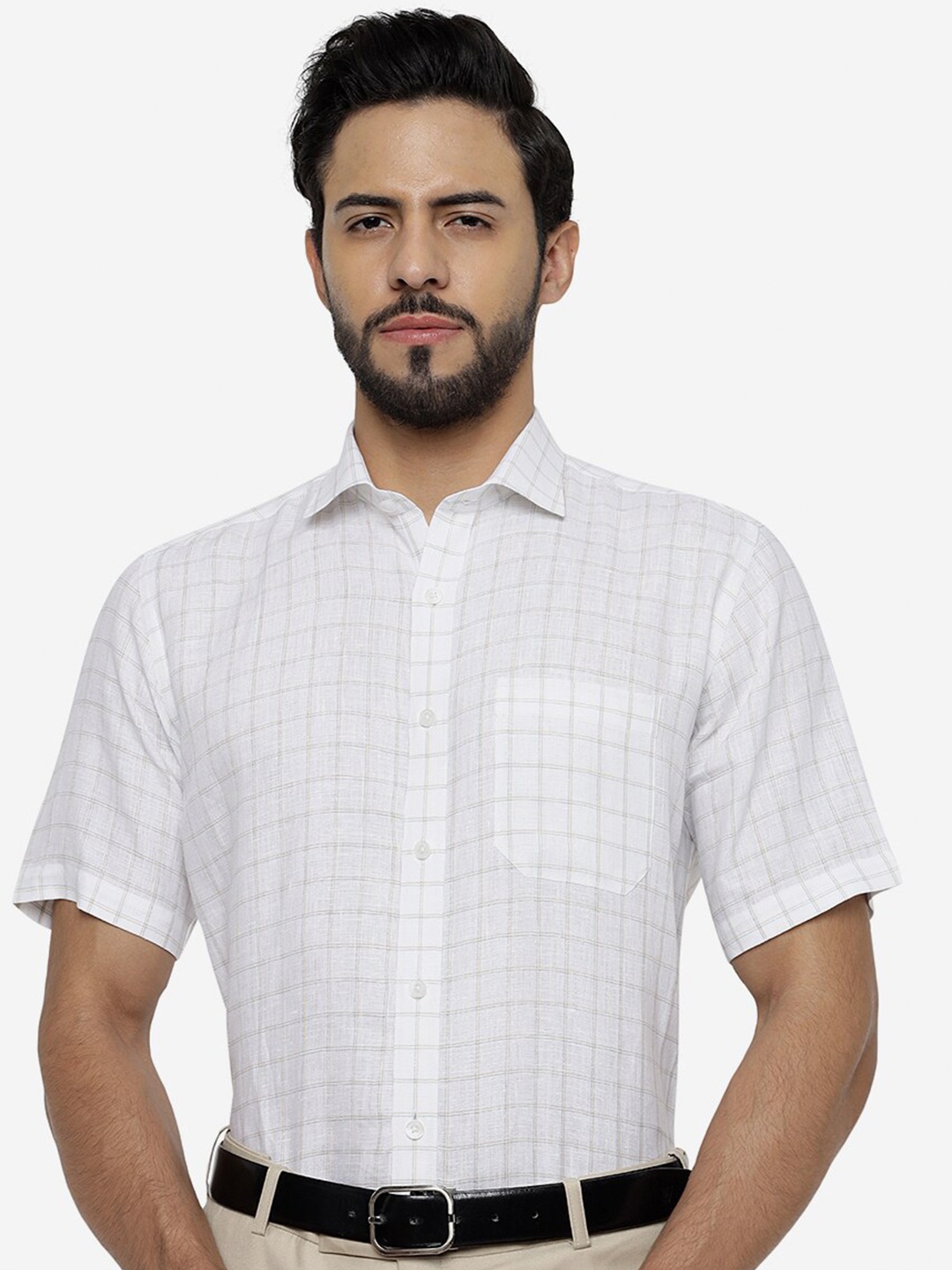 

JADE BLUE Checked Pure Linen Formal Shirt, White