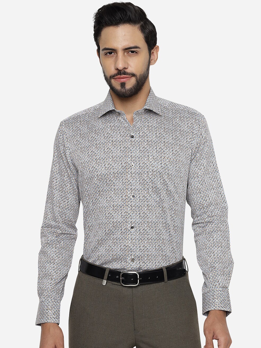 

METAL Slim Fit Micro Ditsy Printed Pure Cotton Formal Shirt, Grey