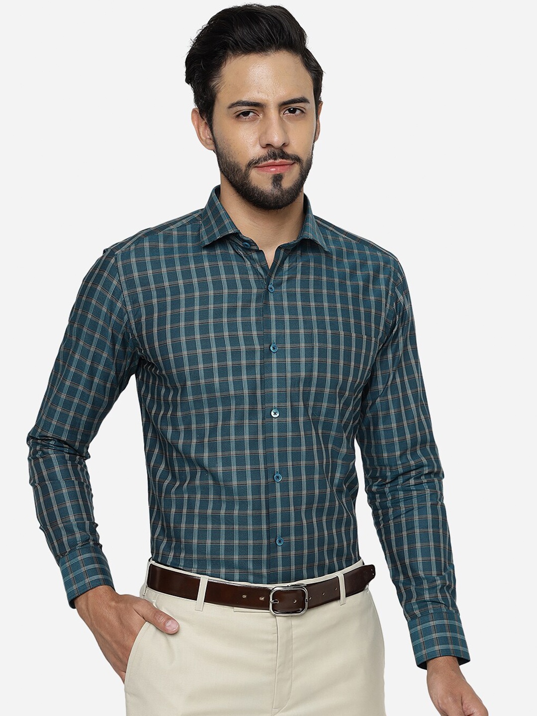 

METAL Slim Fit Tartan Checks Pure Cotton Formal Shirt, Green