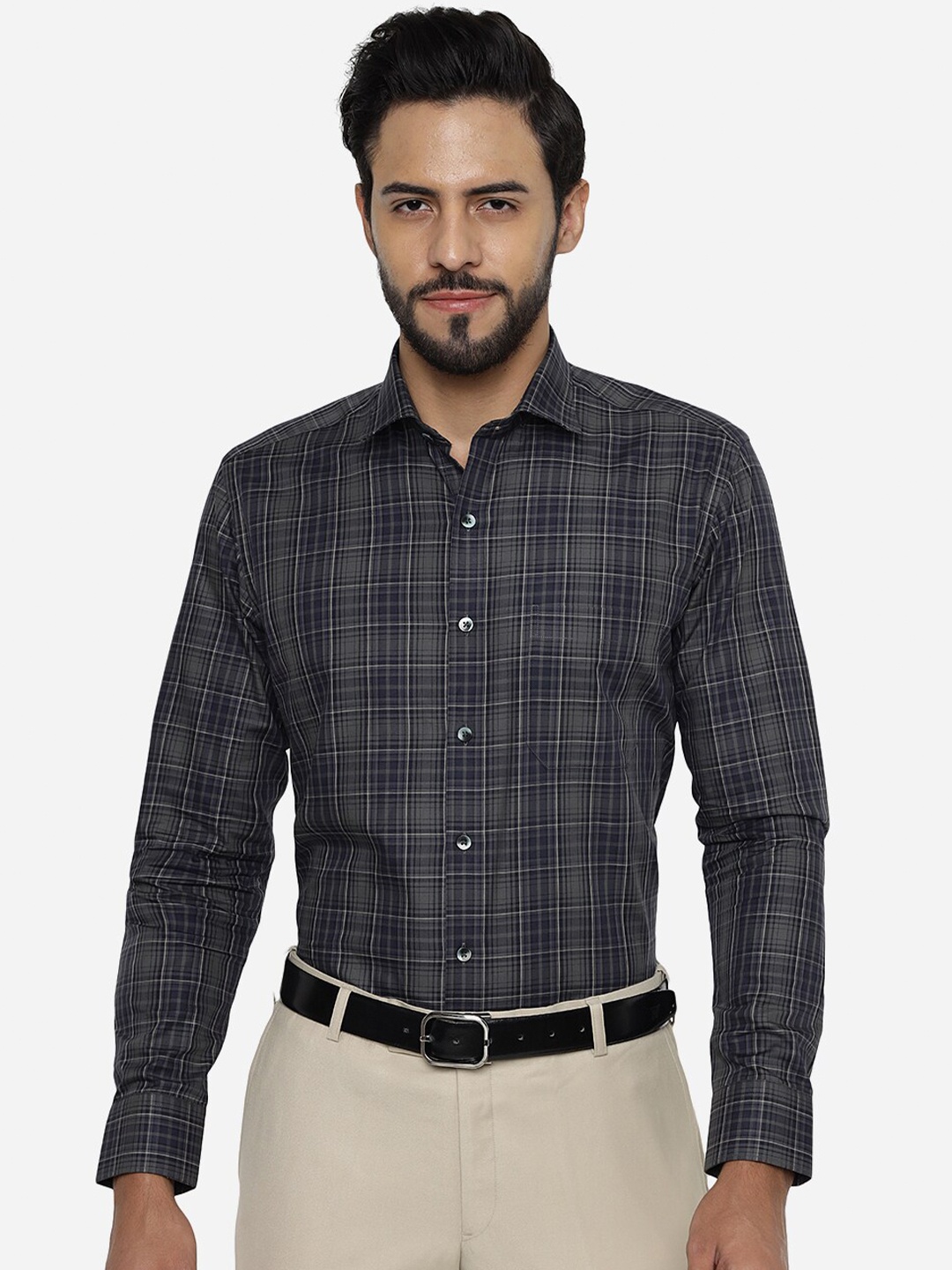 

METAL Slim Fit Tartan Checked Pure Cotton Formal Shirt, Grey