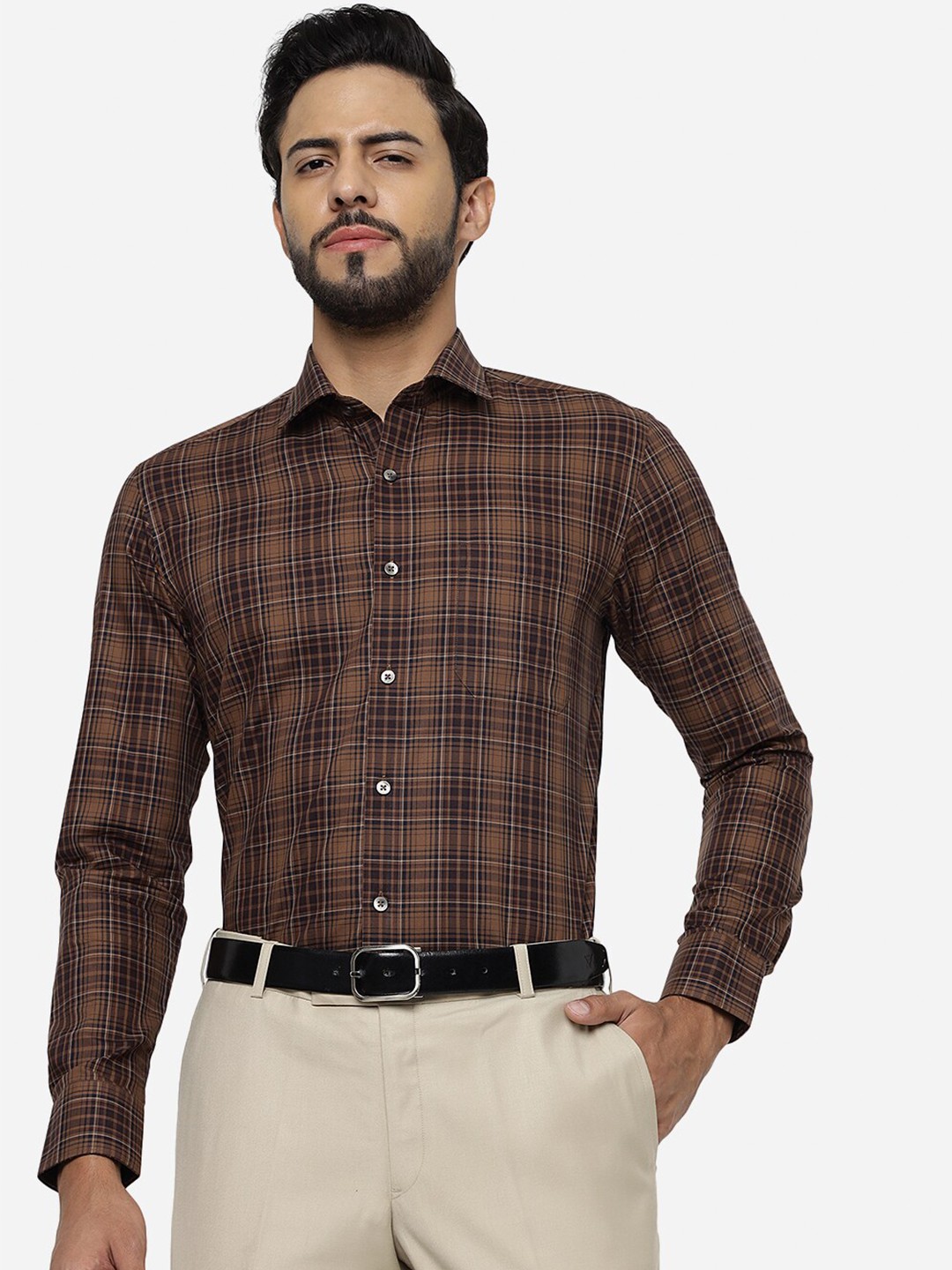 

METAL Slim Fit Tartan Checked Pure Cotton Formal Shirt, Brown