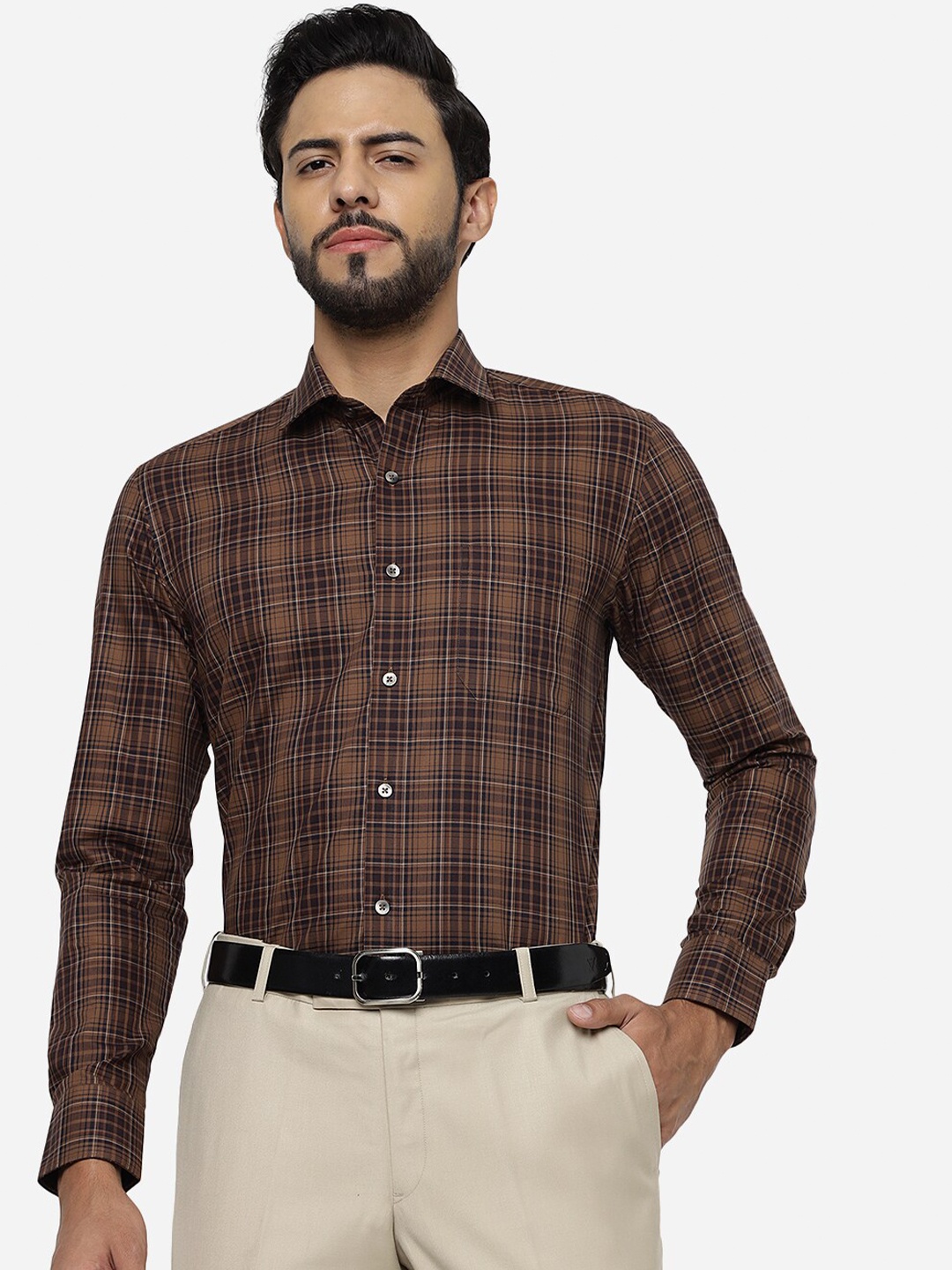 

METAL Slim Fit Tartan Checked Pure Cotton Formal Shirt, Brown