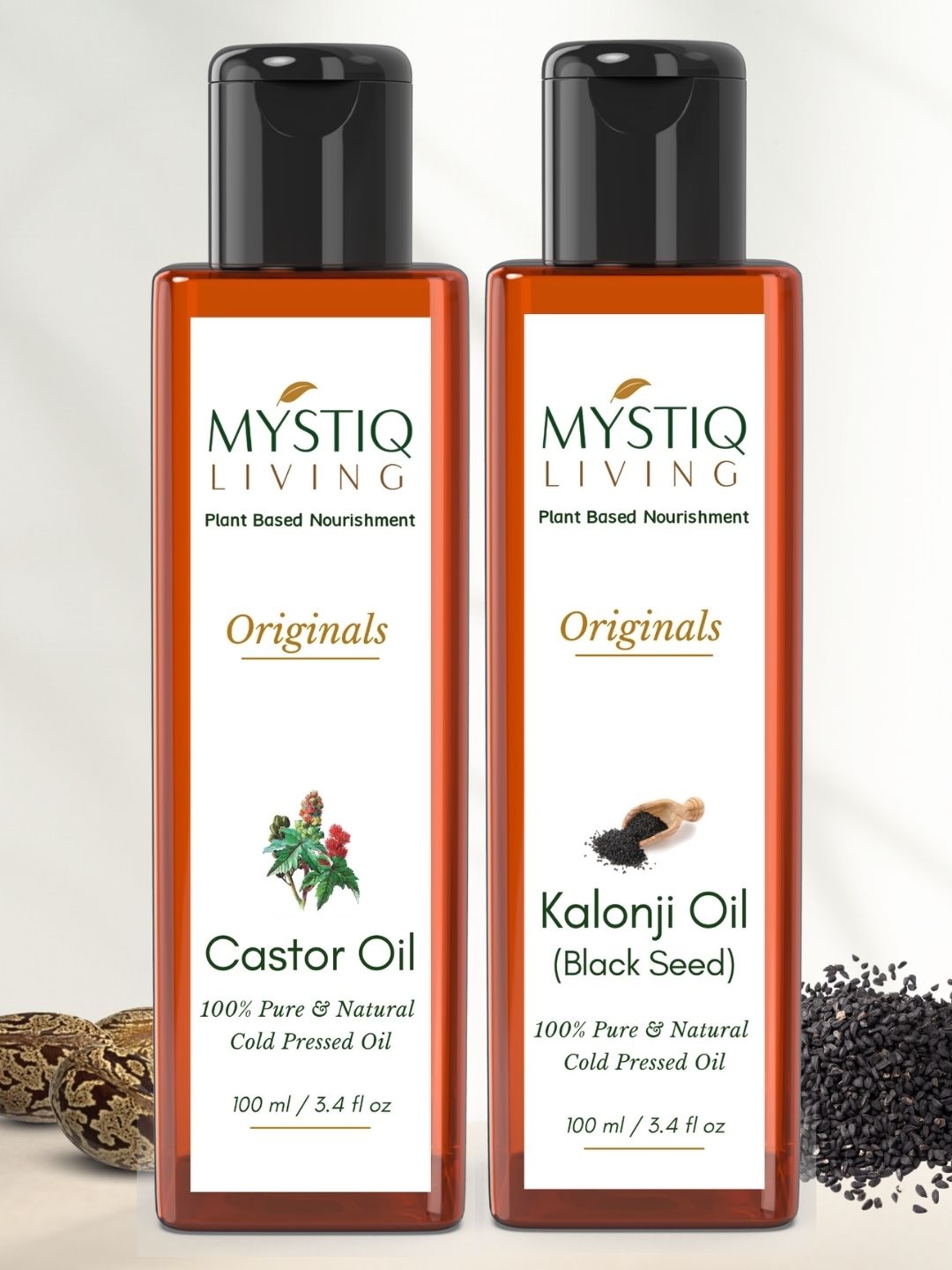 

MYSTIQ LIVING 100% Pure Cold-Pressed Castor & Kalonji Hair & Skin Care Oil - 100ml Each, White