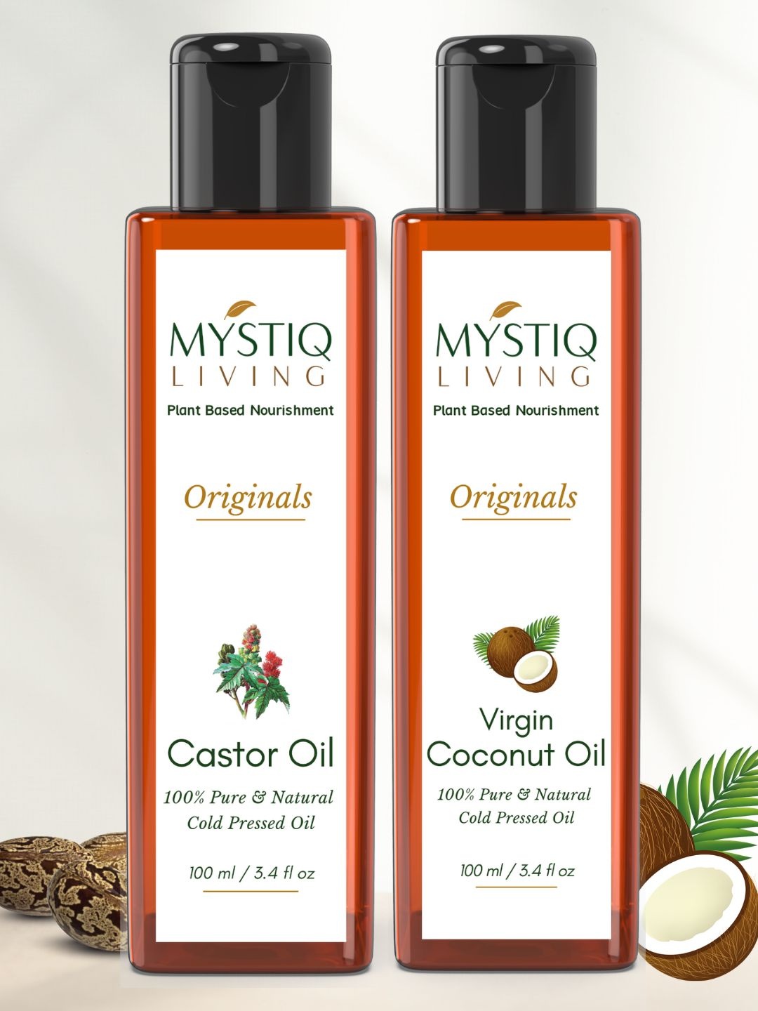 

MYSTIQ LIVING 100% Pure Cold-Pressed Castor & Coconut Hair & Skin Care Oil - 100ml Each, White