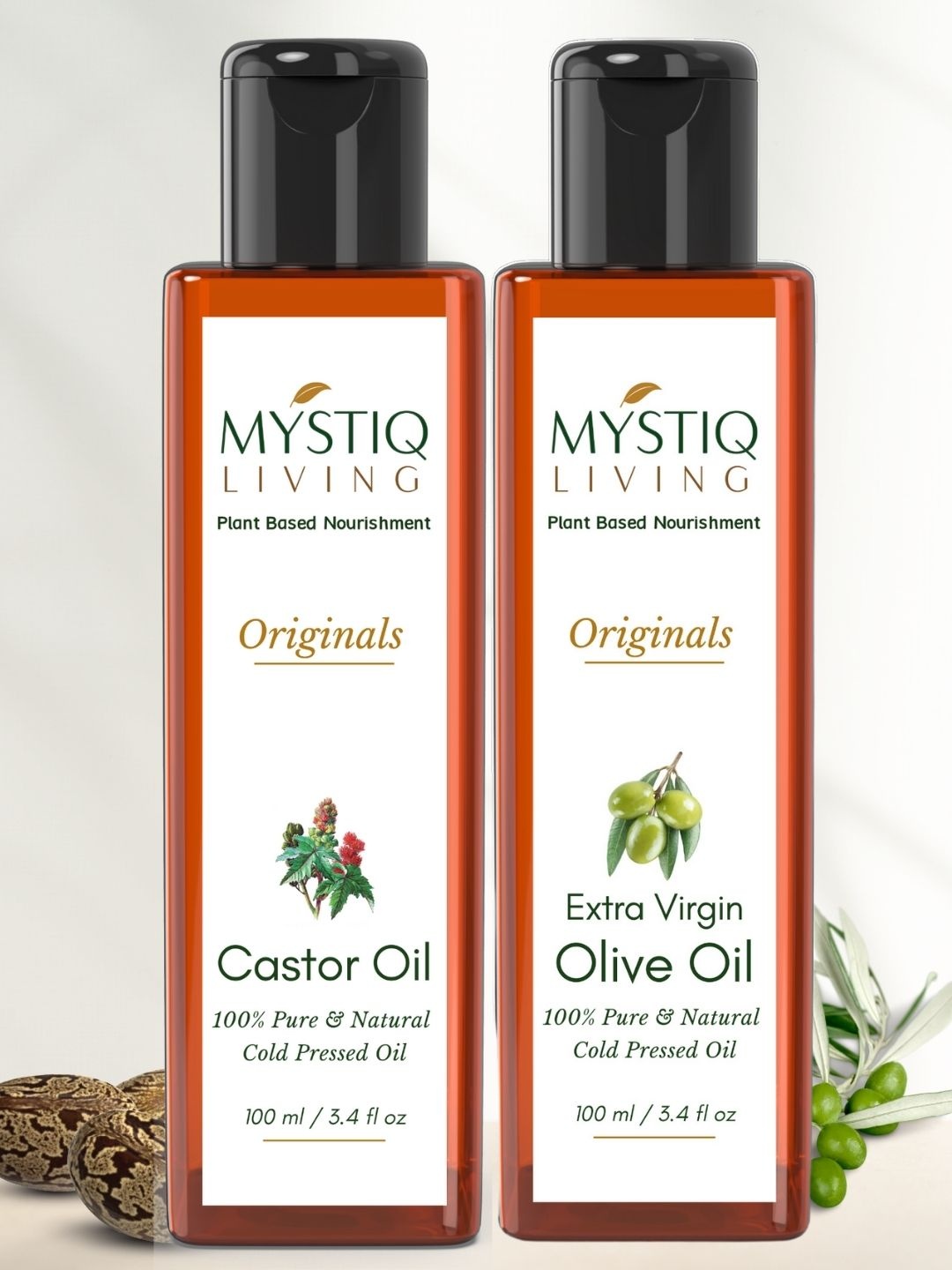 

MYSTIQ LIVING 100% Pure Cold-Pressed Castor & Olive Hair & Skin Care Oil - 100ml Each, White