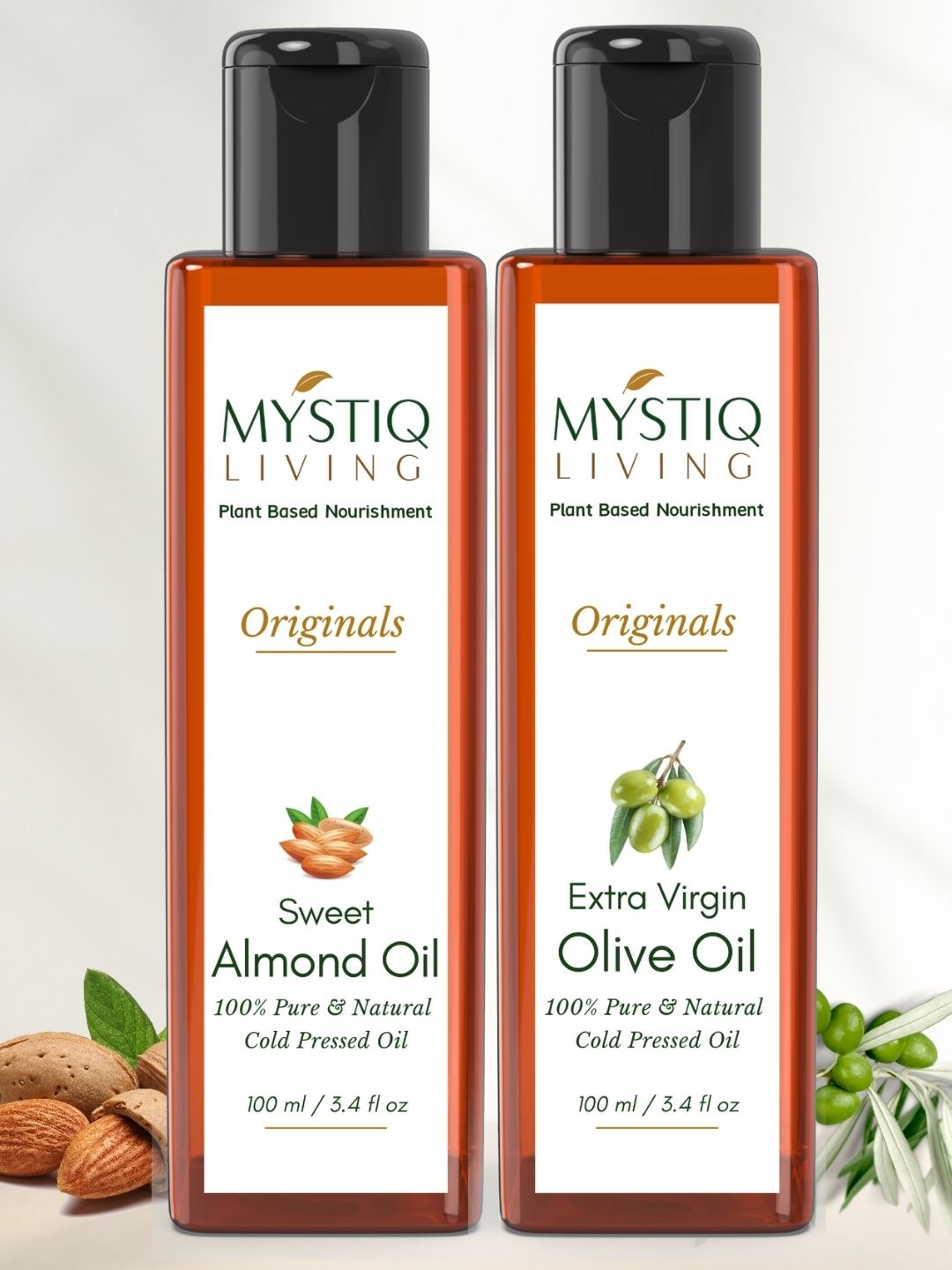 

MYSTIQ LIVING 100% Pure Cold-Pressed Olive & Almond Hair & Skin Care Oil - 100ml Each, White