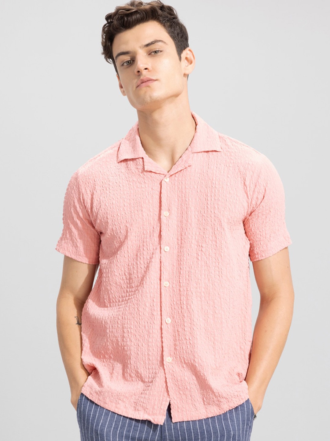 

Snitch Pink Slim Fit Self Design Casual Shirt