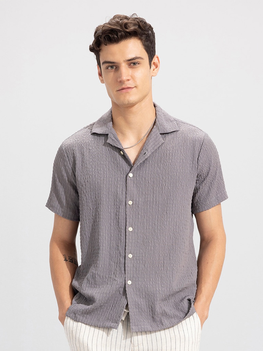 

Snitch Grey Slim Fit Self Design Casual Shirt