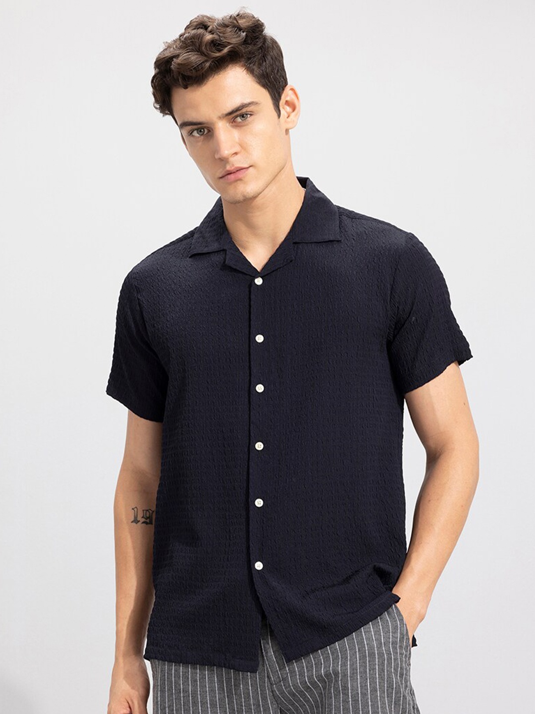 

Snitch Navy Blue Slim Fit Self Design Casual Shirt