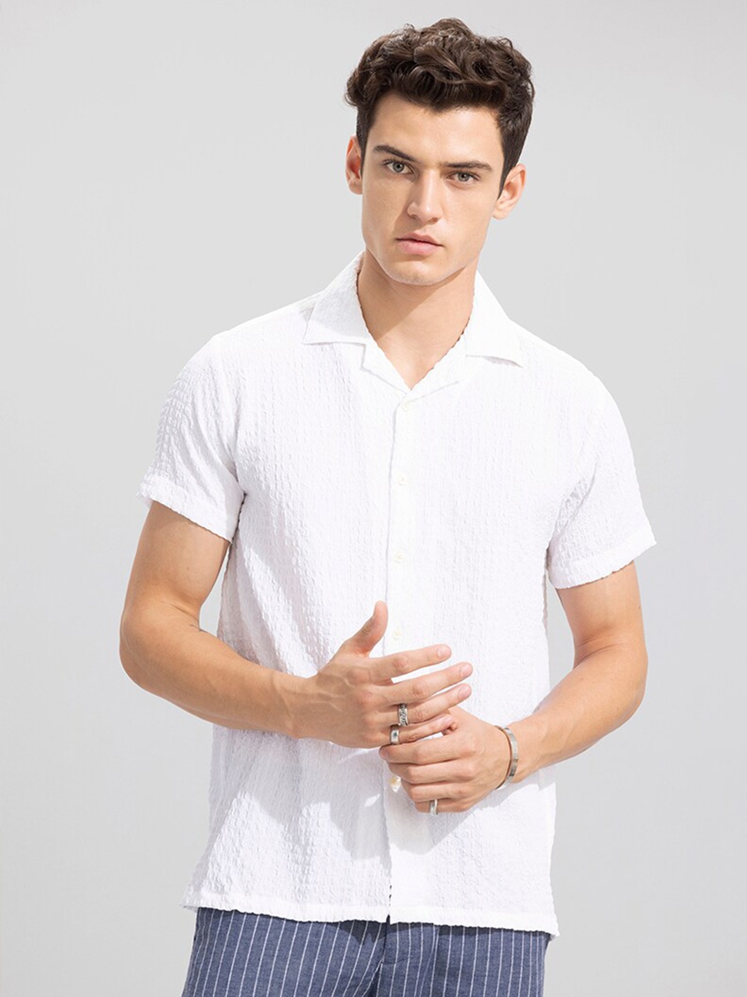 

Snitch White Slim Fit Self Design Casual Shirt