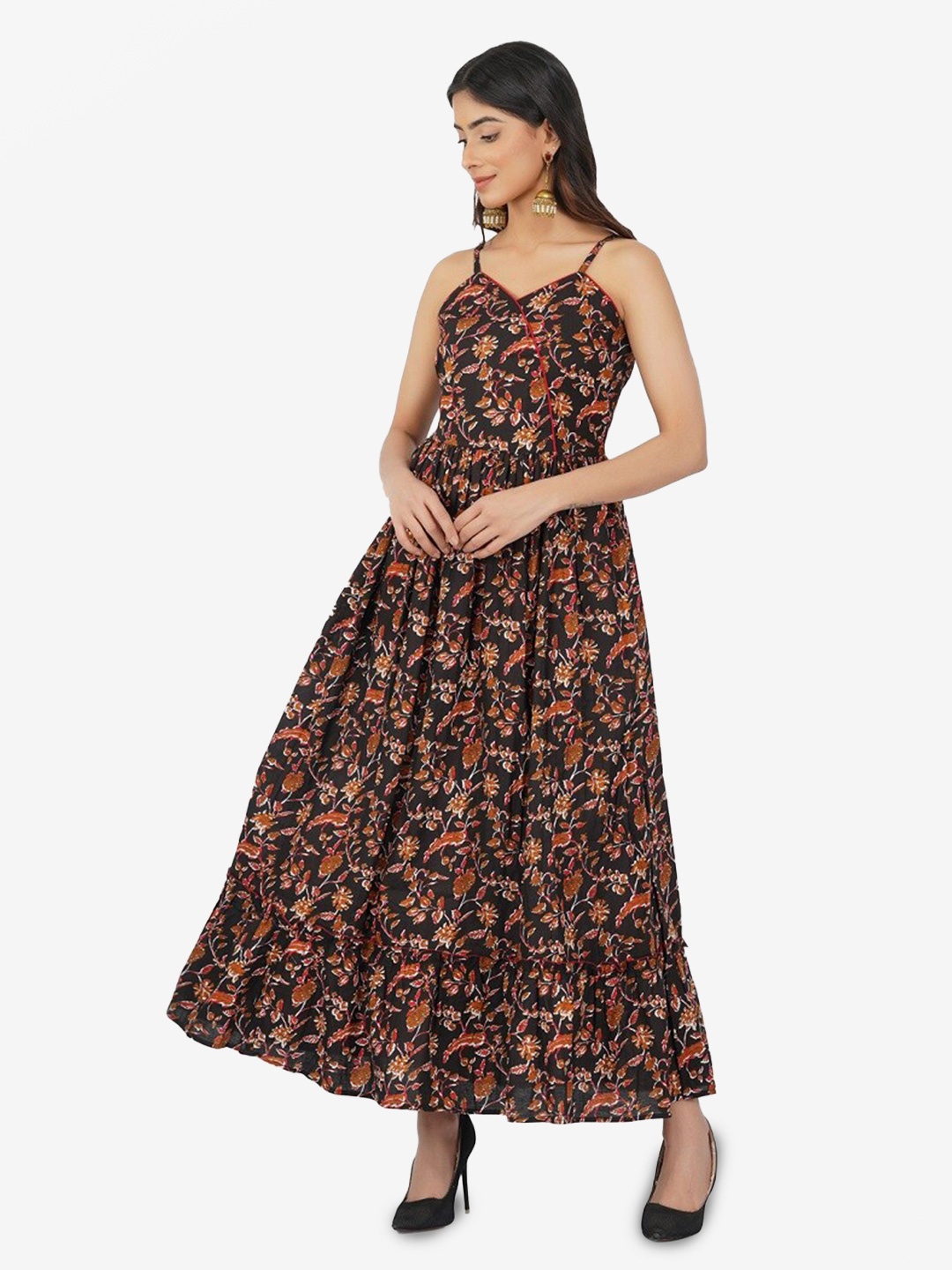 

METRO-FASHION Ethnic Motifs Printed Tiered Pure Cotton Fit & Flare Maxi Ethnic Dress, Black