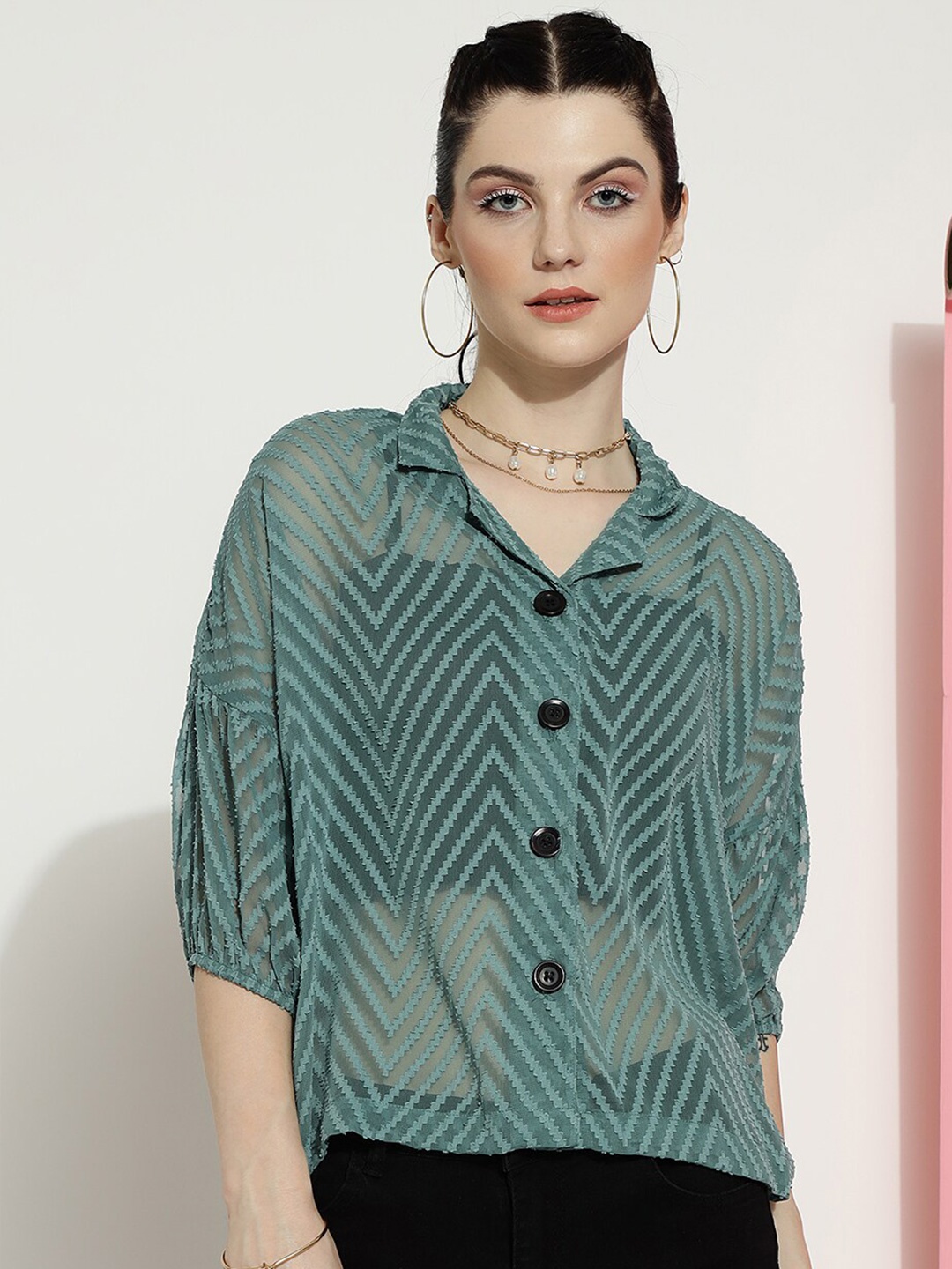 

J Turritopsis Classic Boxy Chevron Casual Shirt, Green