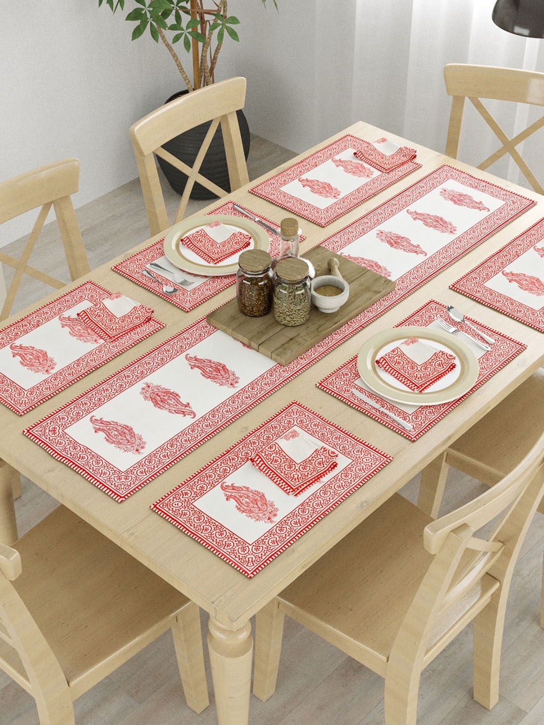 

LIVING ROOTS Off White & Red Ethnic Motifs Printed 13 Pcs Table Linen Set