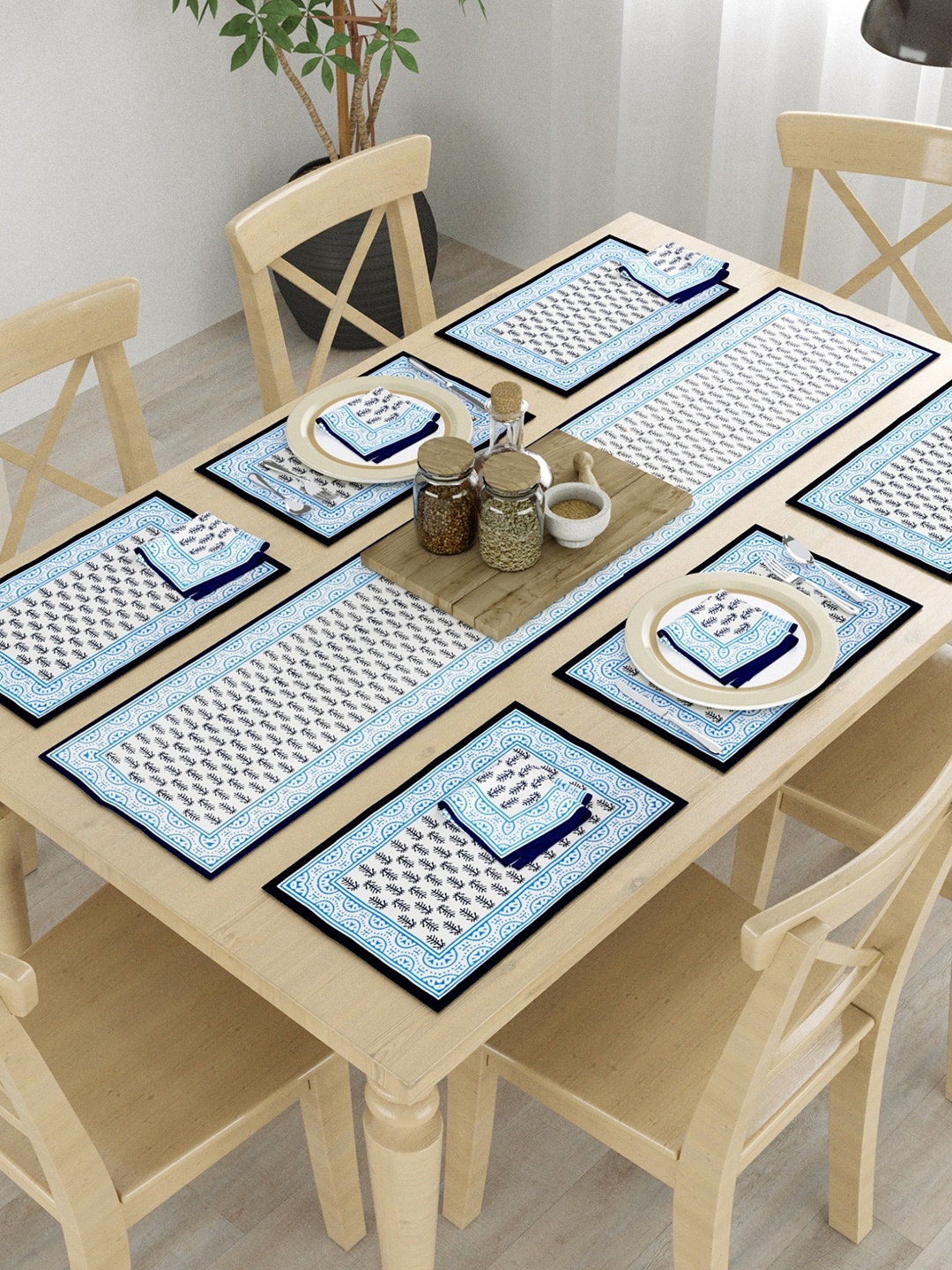 

LIVING ROOTS Printed Cotton 6 Table Mats with 6 Napkins & Runner, Turquoise blue