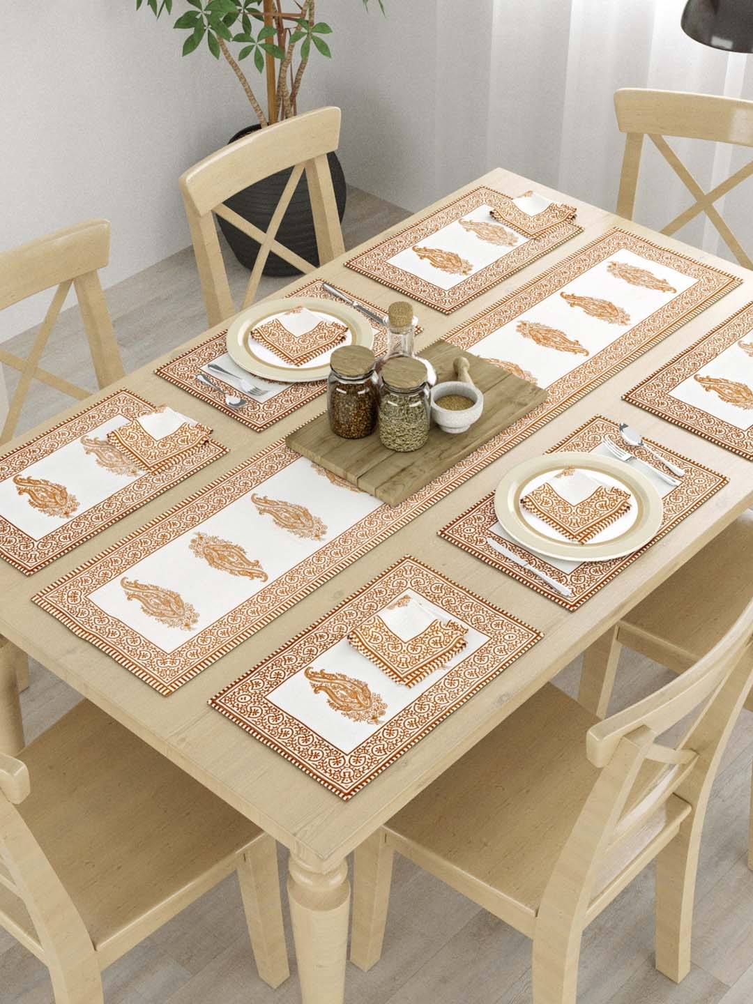 

LIVING ROOTS Printed Cotton 6 Table Mats with 6 Napkins & Runner, White
