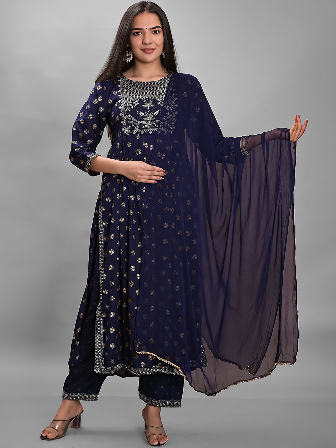 

KALINI Ethnic Motifs Printed Empire Thread Work Kurta With Palazzos & Dupatta, Navy blue