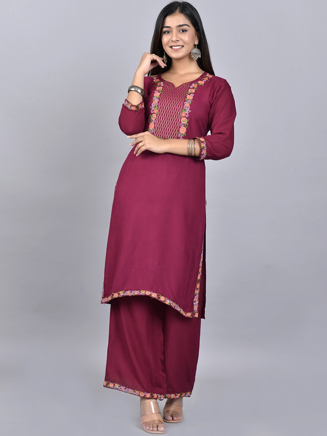 

KALINI Floral Yoke Design Thread Work Regular Kurta With Palazzos, Maroon