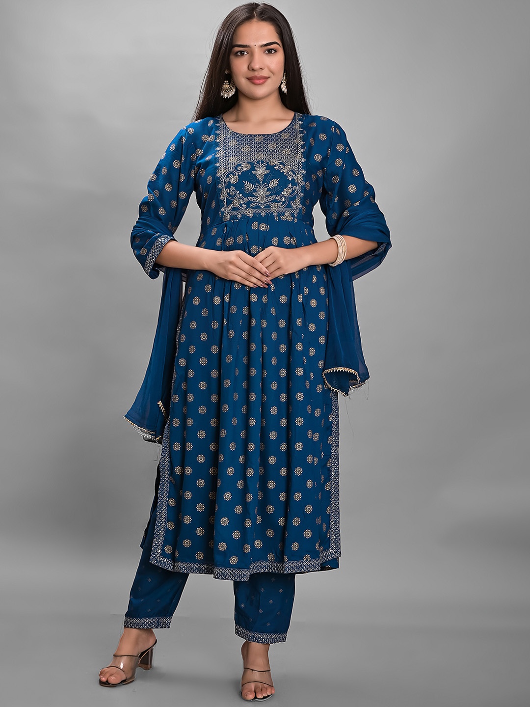 

KALINI Ethnic Motifs Printed Empire Thread Work Kurta With Palazzos & Dupatta, Blue