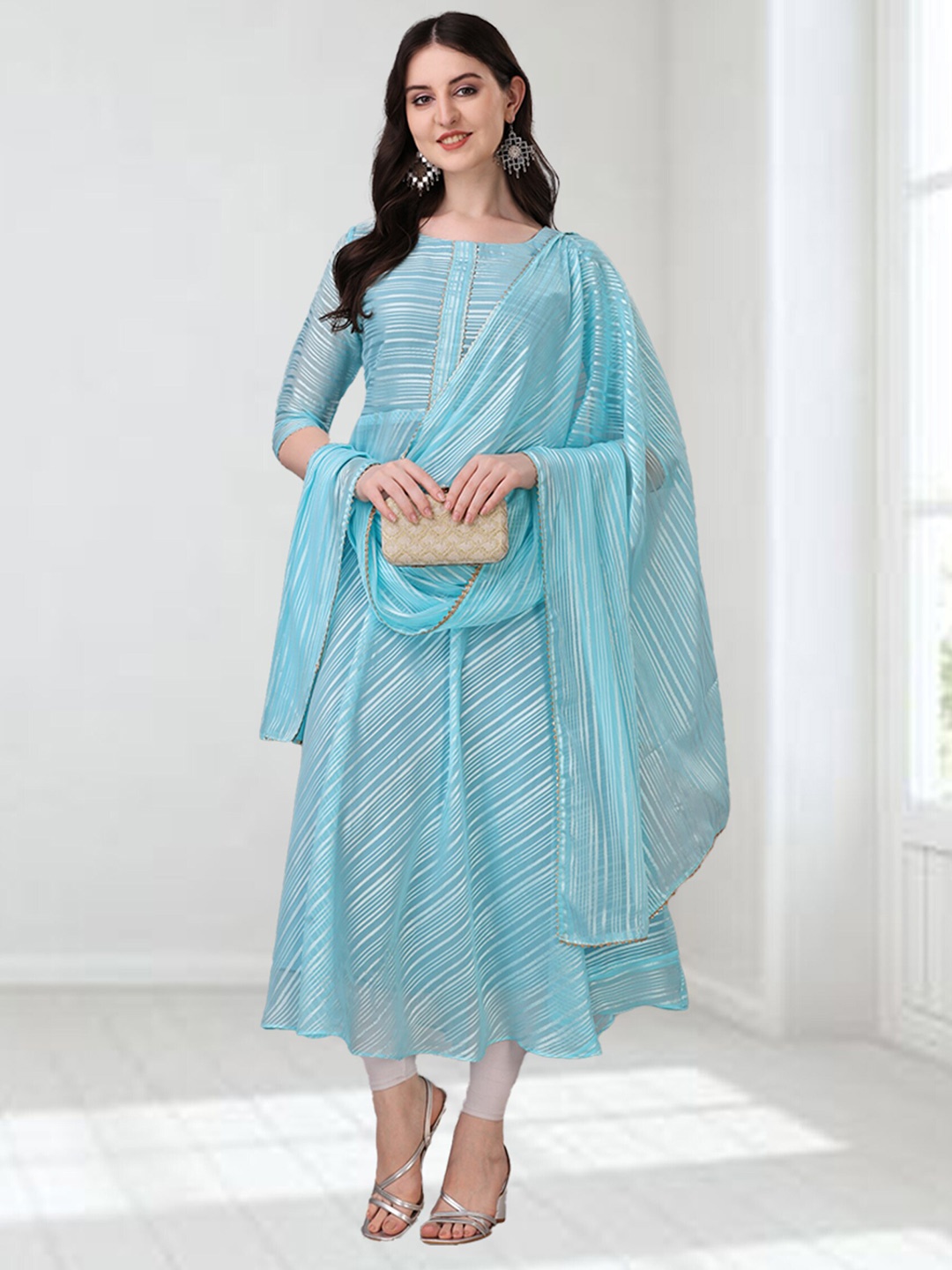 

N N ENTERPRISE Striped Georgette Anarkali Kurta With Dupatta, Blue