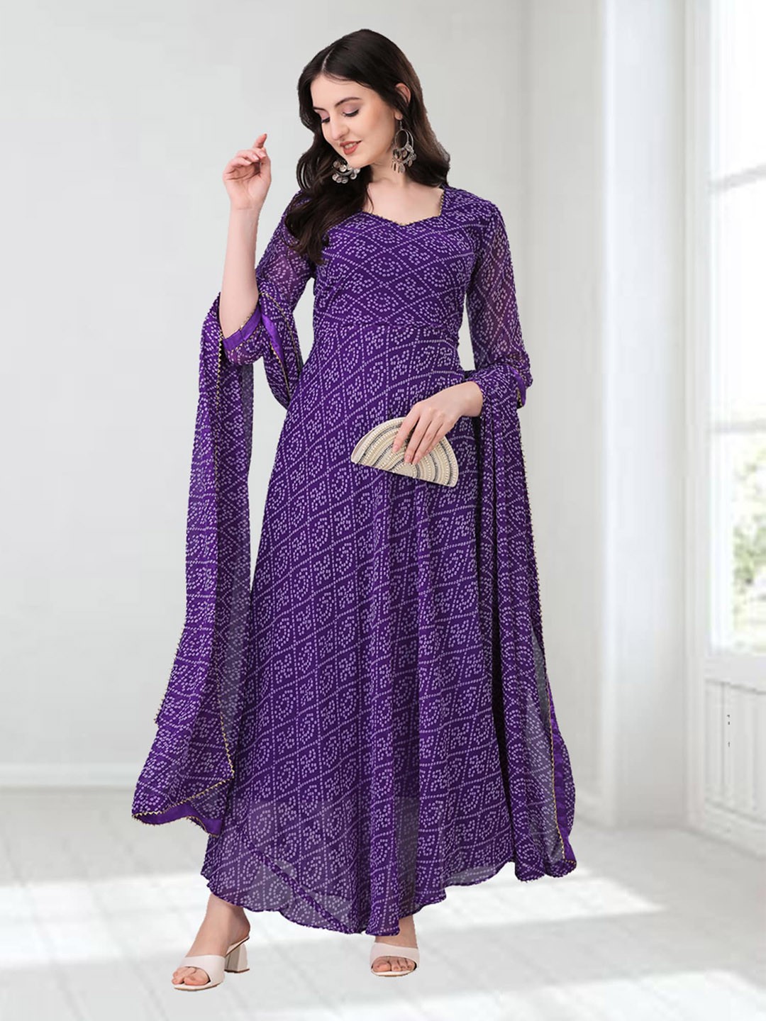 

N N ENTERPRISE Bandhani Printed Georgette Anarkali Kurta With Dupatta, Purple