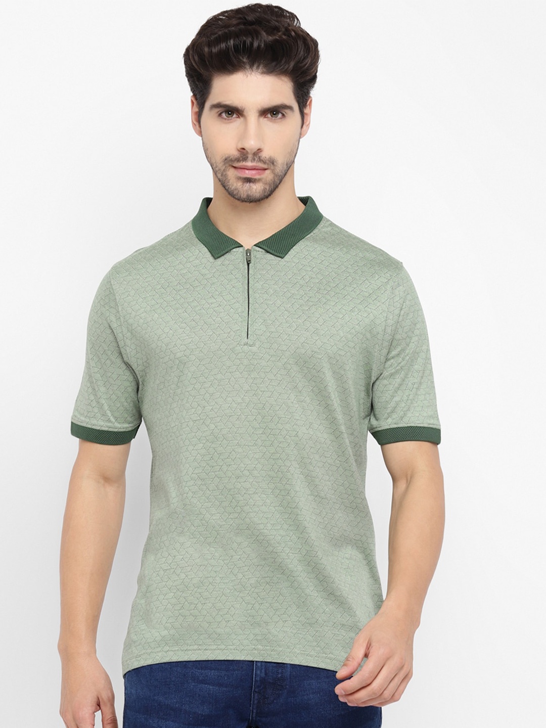 

TOP BRASS Self Design Polo Collar Cotton T-shirt, Olive
