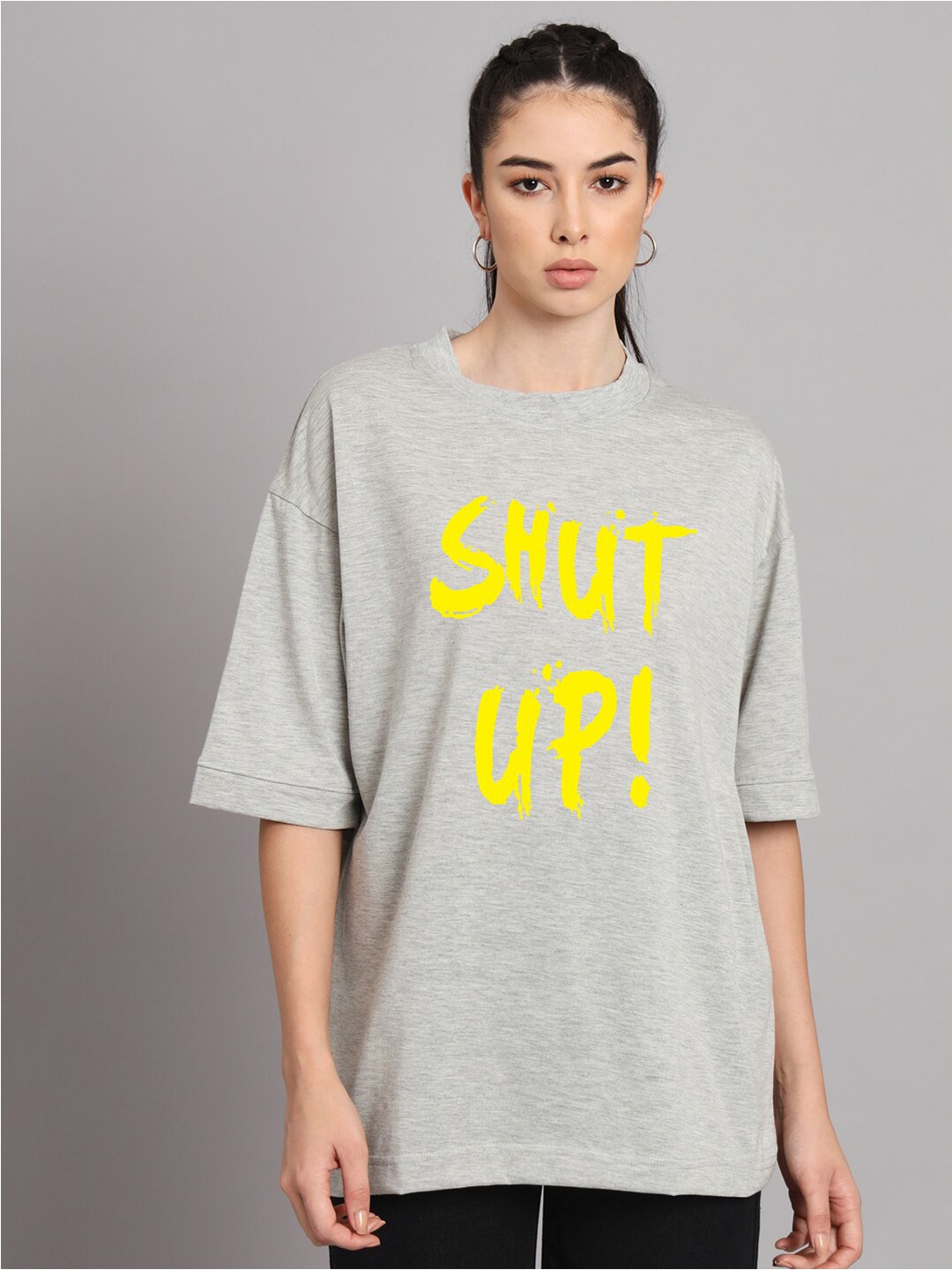 

Imsa Moda Printed Cotton Drop-Shoulder Sleeves Oversized Longline T-shirt, Grey