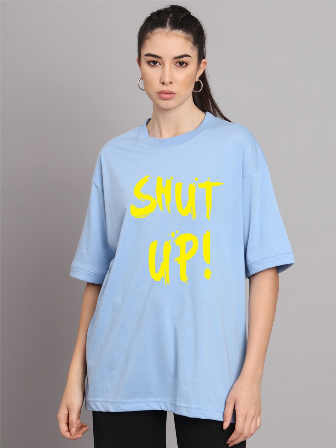 

Imsa Moda Printed Cotton Drop-Shoulder Sleeves Oversized Longline T-shirt, Blue