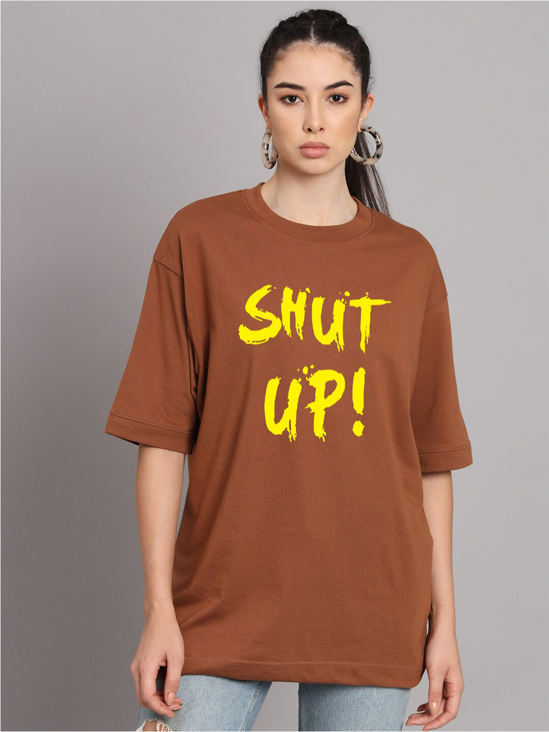 

Imsa Moda Printed Cotton Drop-Shoulder Sleeves Oversized Longline T-shirt, Coffee brown