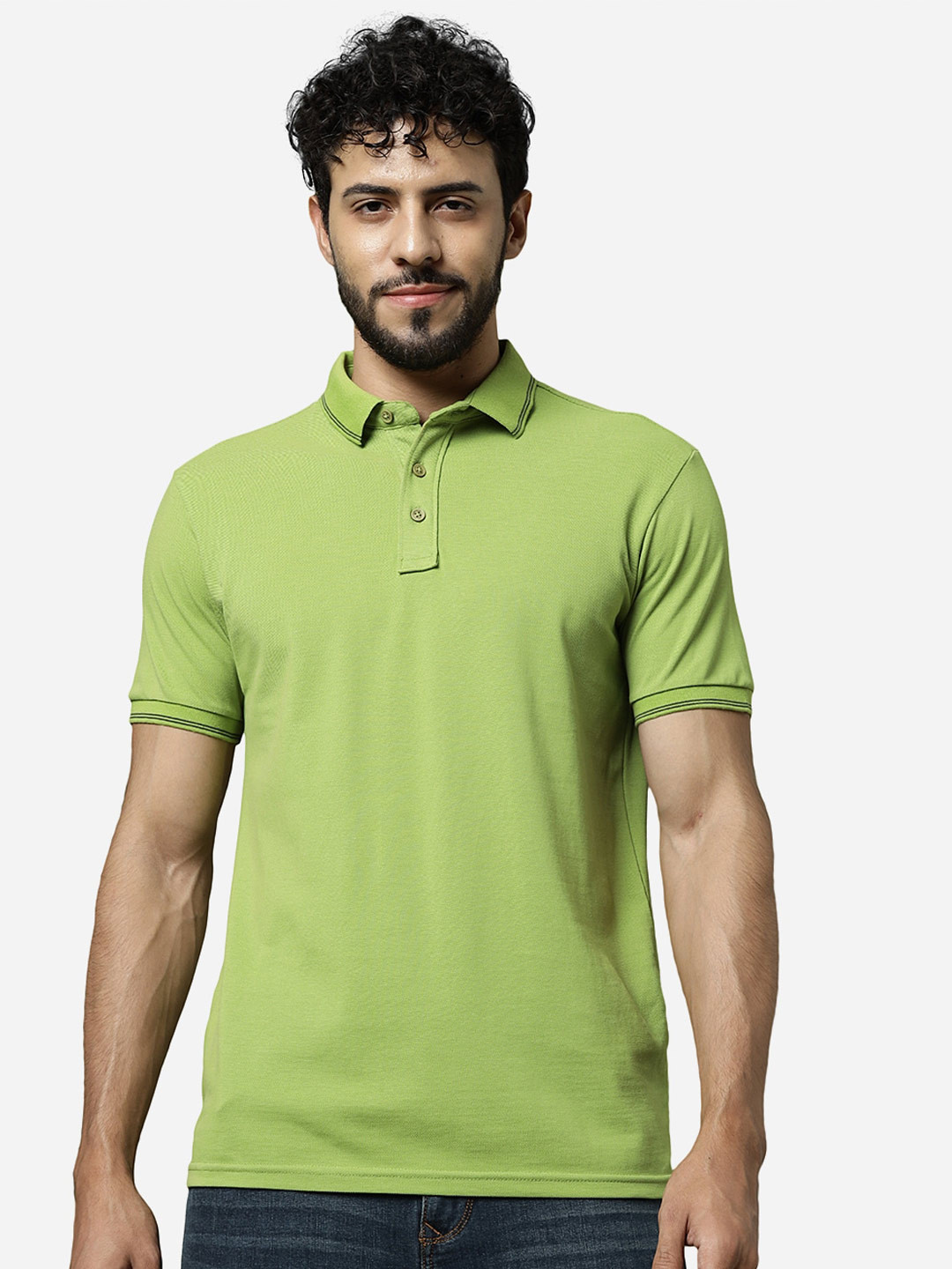 

JADE BLUE Polo Collar Slim Fit Cotton T-shirt, Green