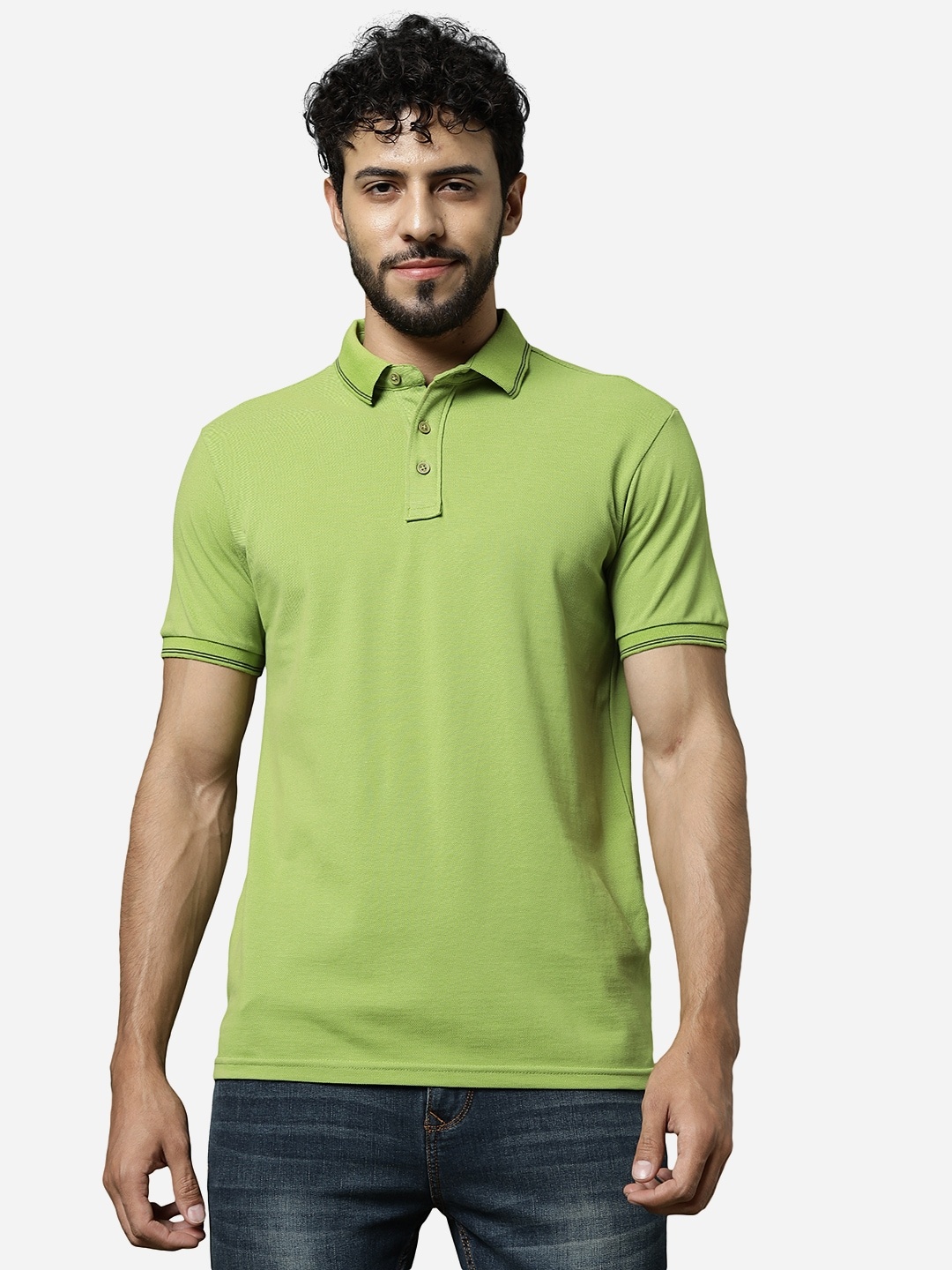 

JADE BLUE Polo Collar Slim Fit Cotton T-shirt, Green